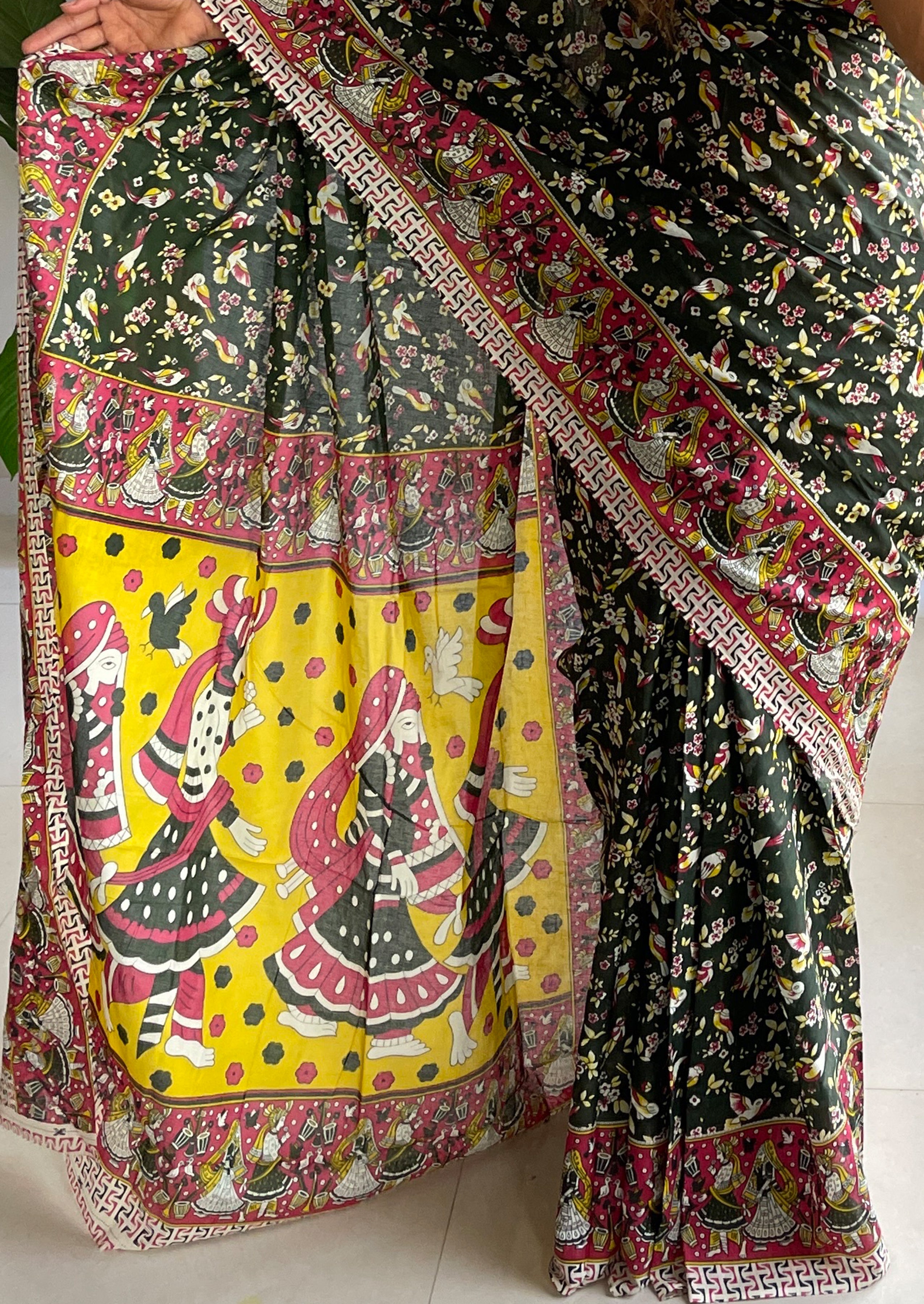 SLEFI 19  PURE MUL COTTON TRADITIONAL KALMKARI HANDBLOCK PRINT DRAK GREEN SAREE