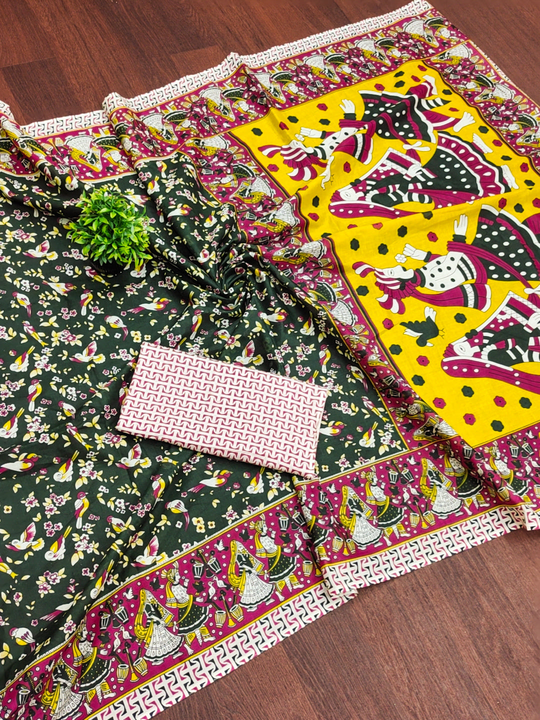 SLEFI 19  PURE MUL COTTON TRADITIONAL KALMKARI HANDBLOCK PRINT DRAK GREEN SAREE