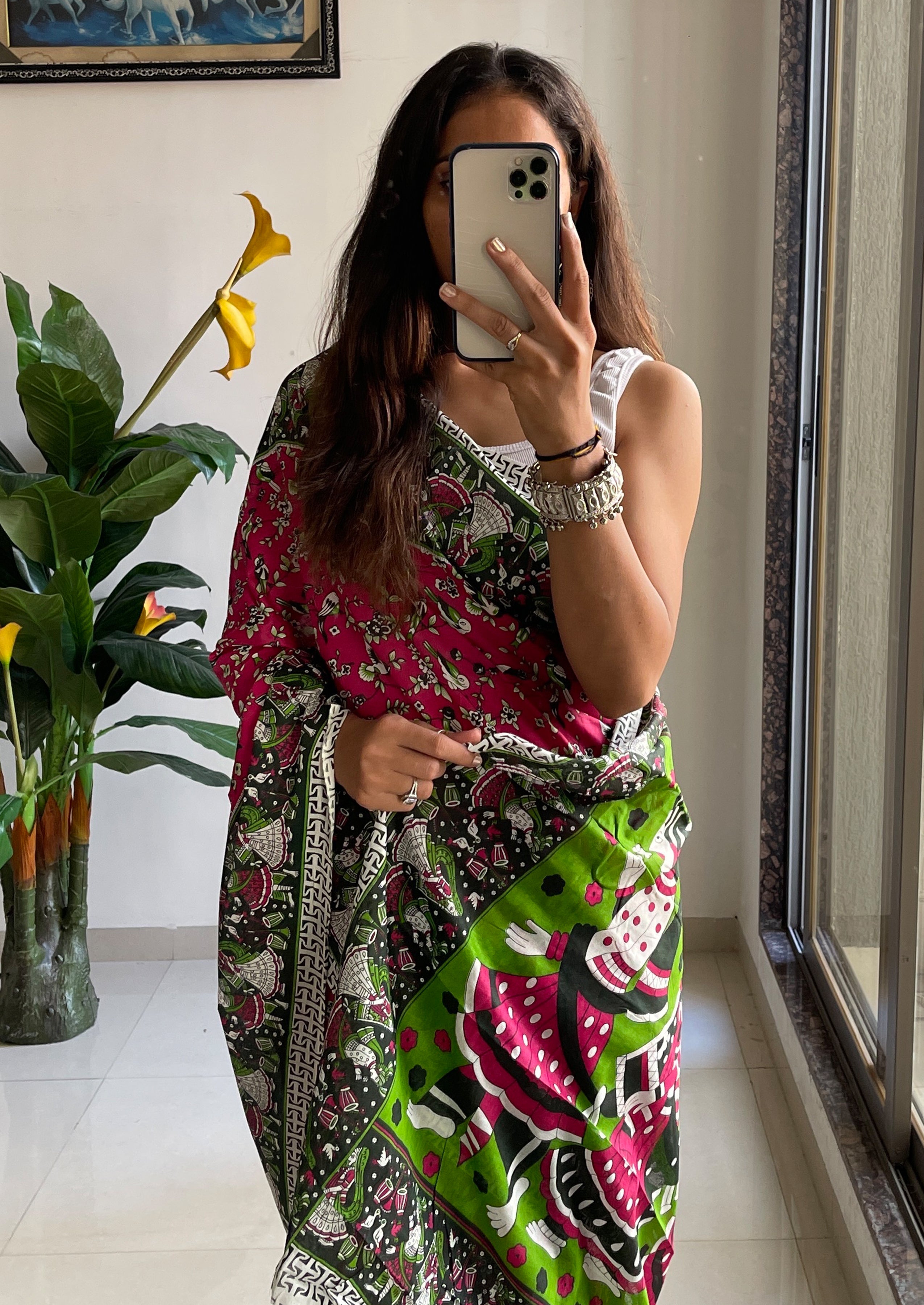 SLEFI 19  PURE MUL COTTON TRADITIONAL KALMKARI HANDBLOCK PRINT MAGENTA SAREE