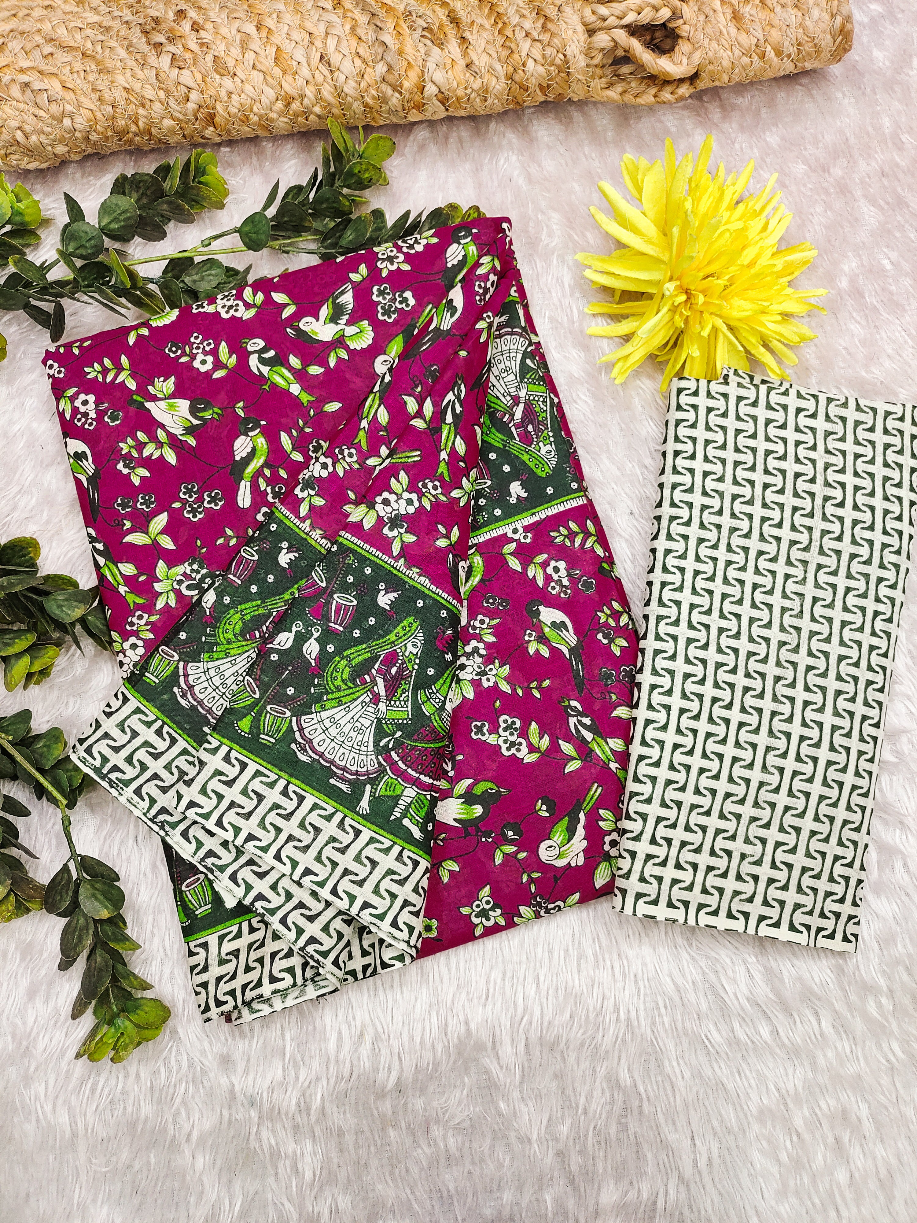 SLEFI 19  PURE MUL COTTON TRADITIONAL KALMKARI HANDBLOCK PRINT MAGENTA SAREE