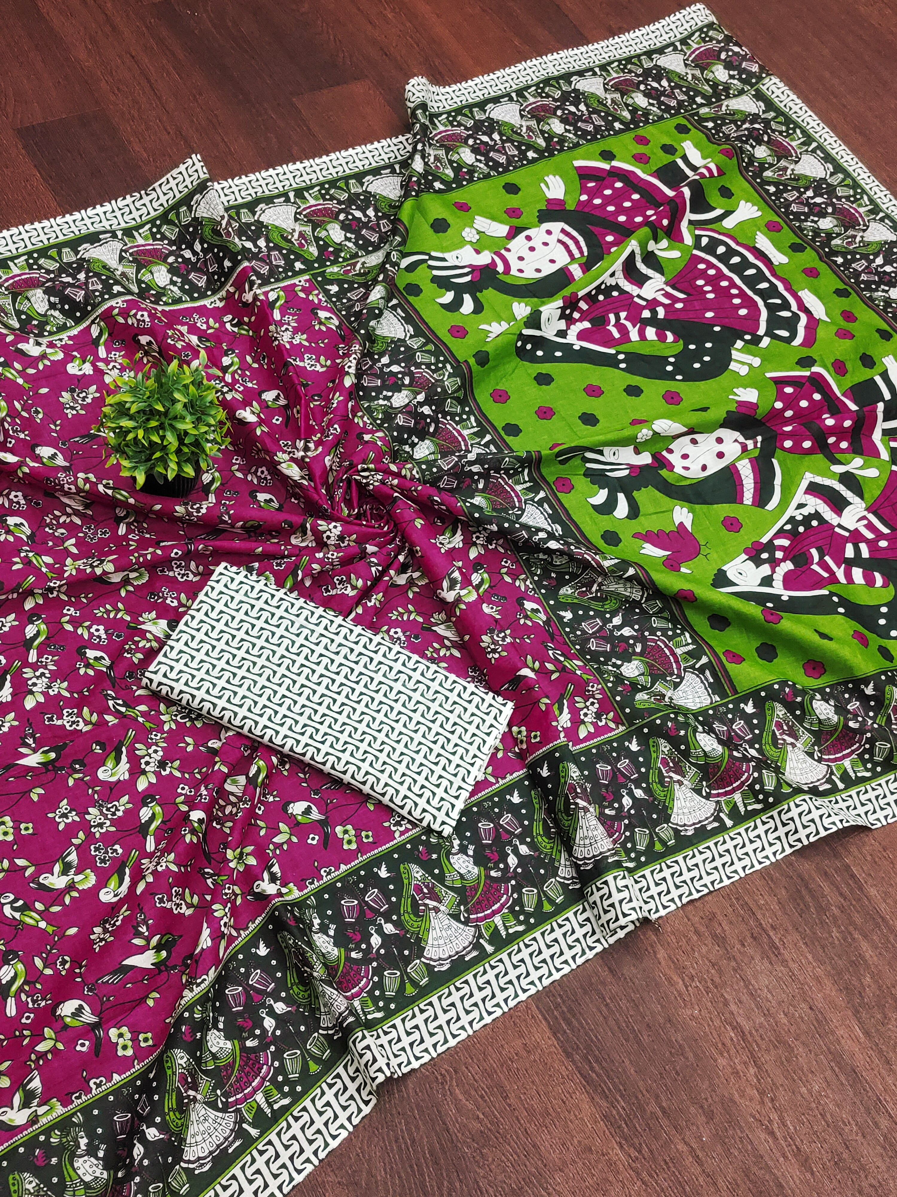 SLEFI 19  PURE MUL COTTON TRADITIONAL KALMKARI HANDBLOCK PRINT MAGENTA SAREE