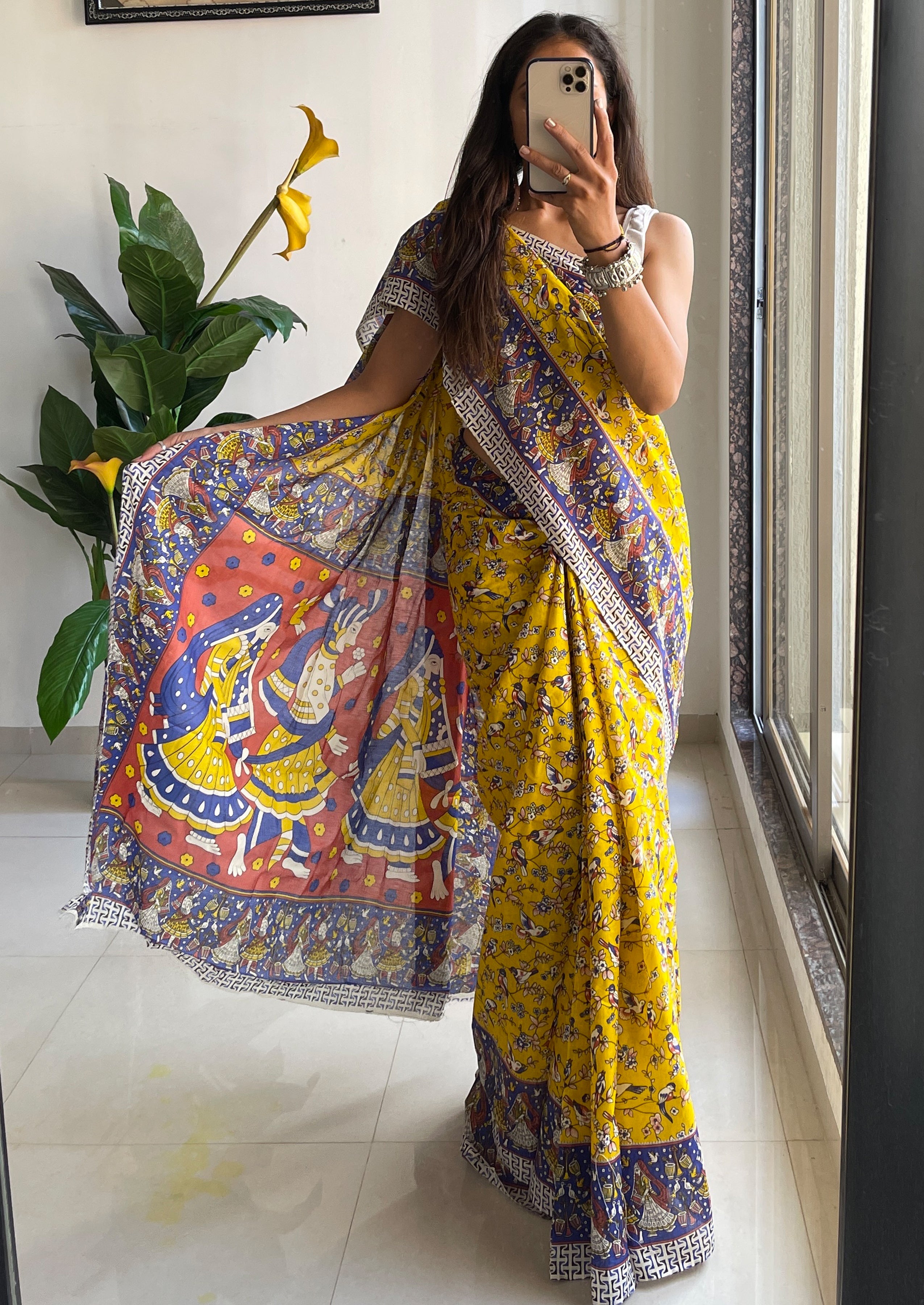 SLEFI 19  PURE MUL COTTON TRADITIONAL KALMKARI HANDBLOCK PRINT YELLOW SAREE