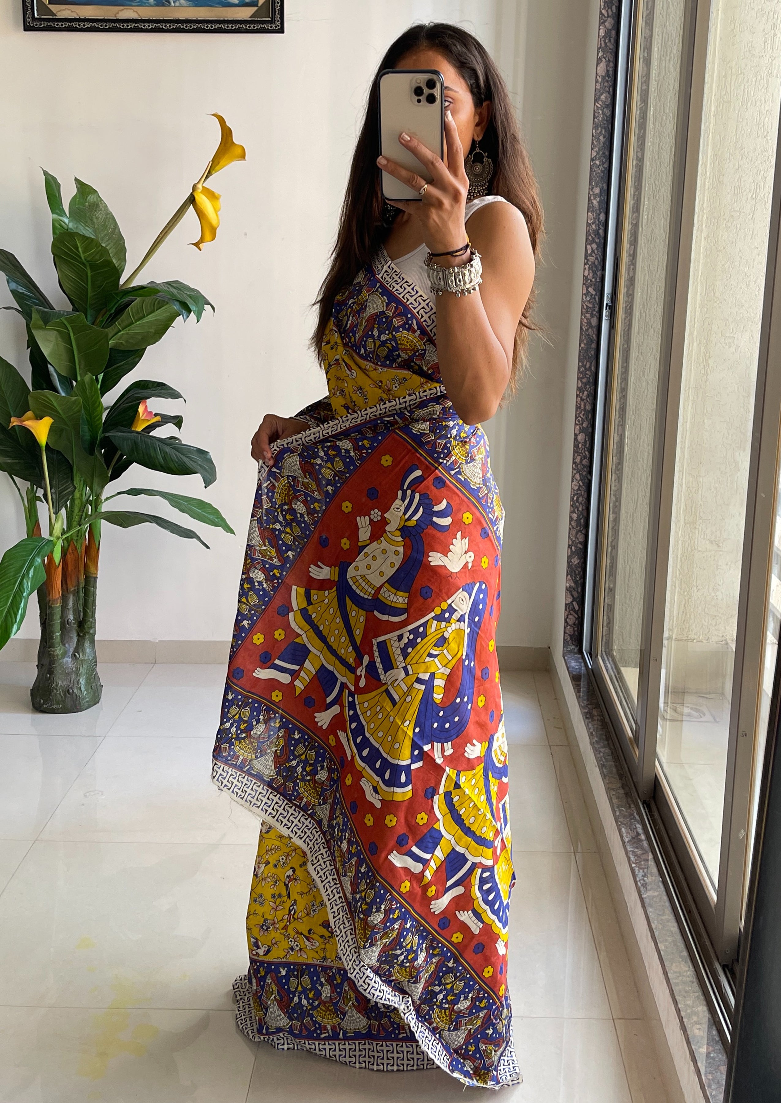 SLEFI 19  PURE MUL COTTON TRADITIONAL KALMKARI HANDBLOCK PRINT YELLOW SAREE