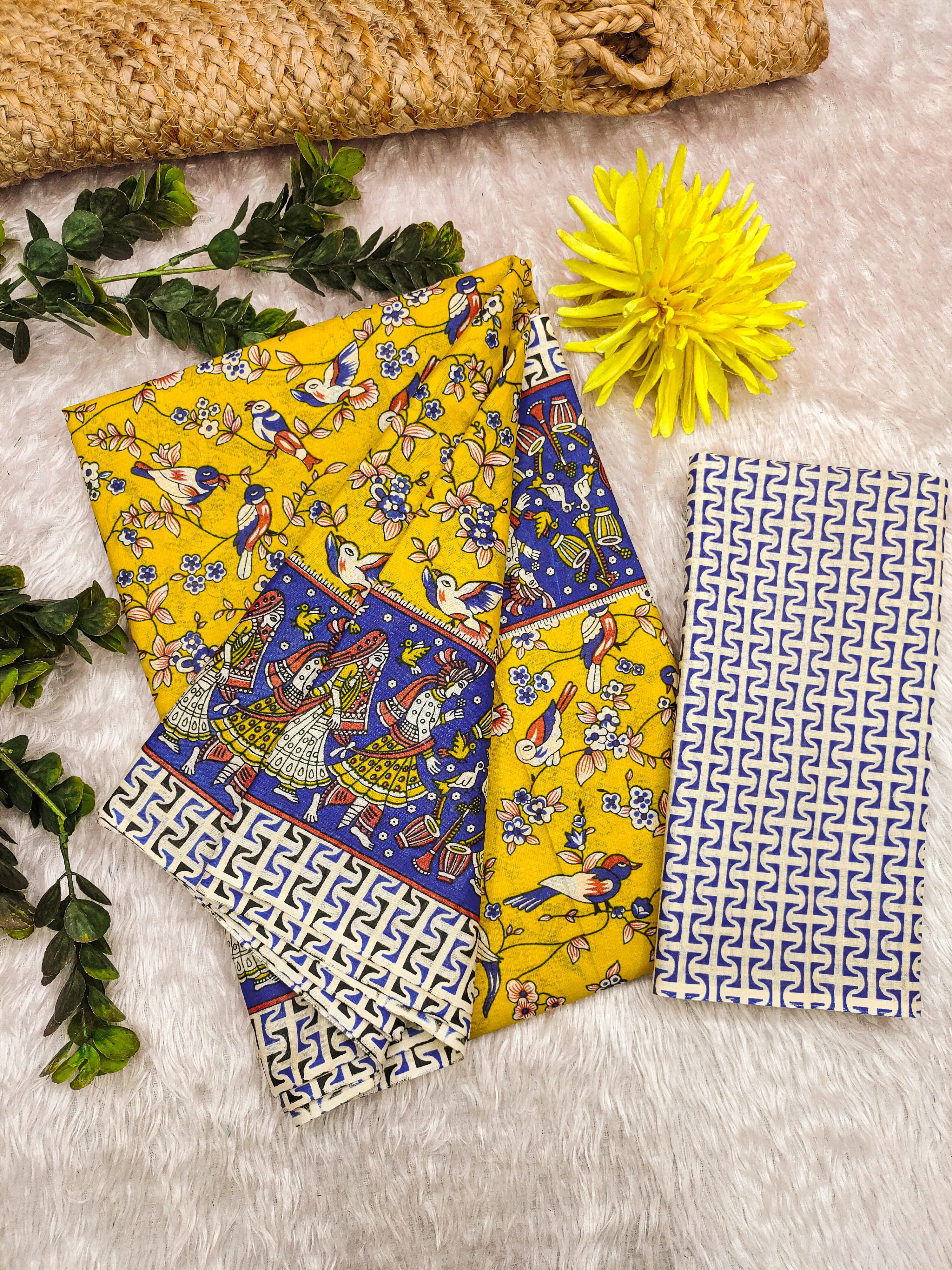 SLEFI 19  PURE MUL COTTON TRADITIONAL KALMKARI HANDBLOCK PRINT YELLOW SAREE