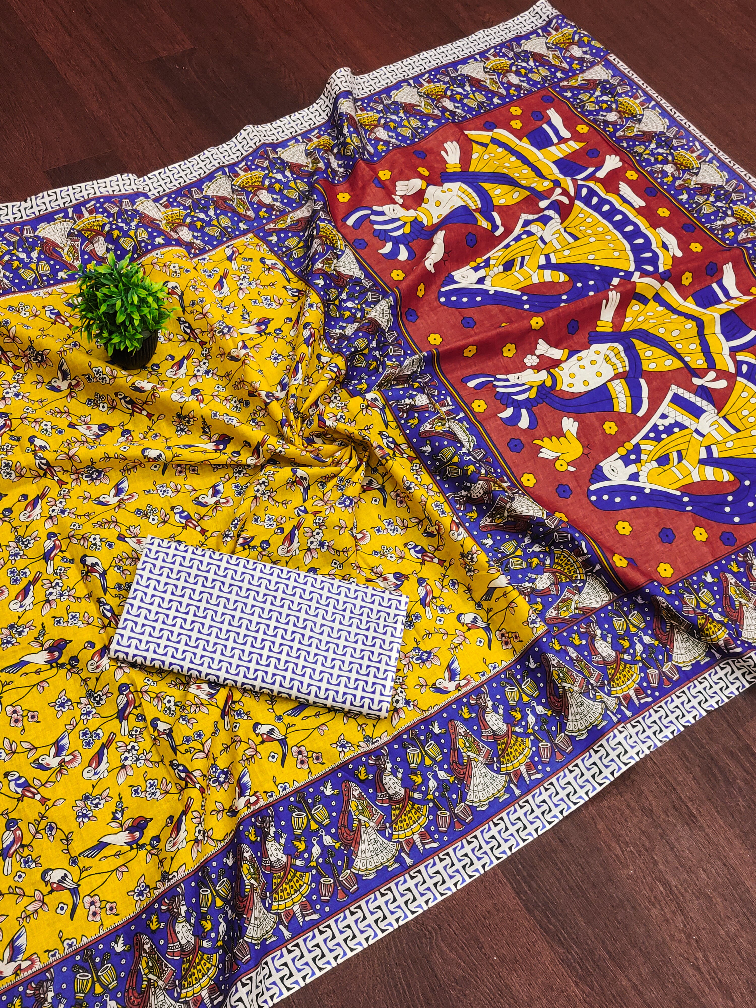 SLEFI 19  PURE MUL COTTON TRADITIONAL KALMKARI HANDBLOCK PRINT YELLOW SAREE