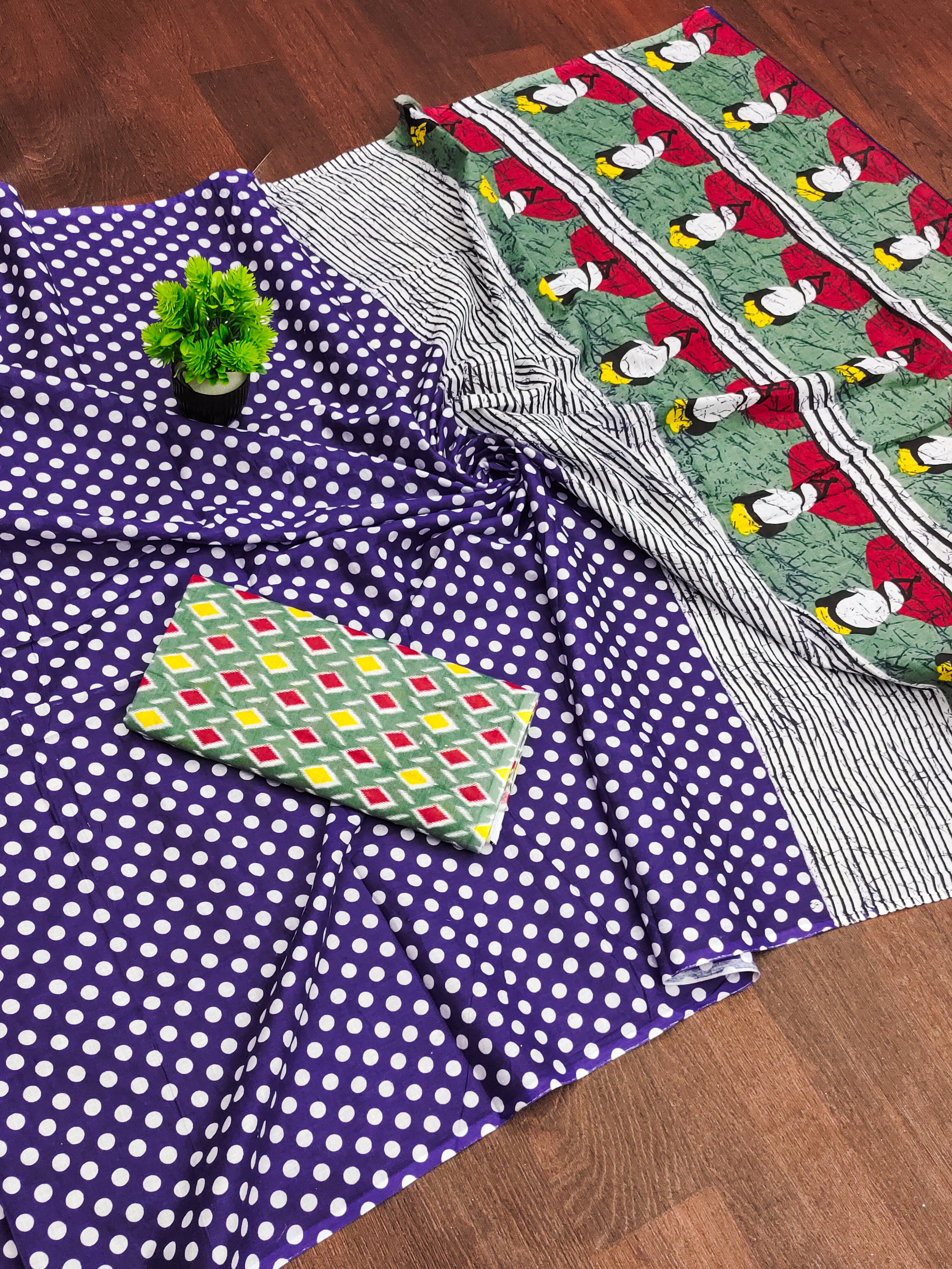 POLKA DOTS INDIAN STYLE PRINTD MULMUL COTTON BLUE SAREE