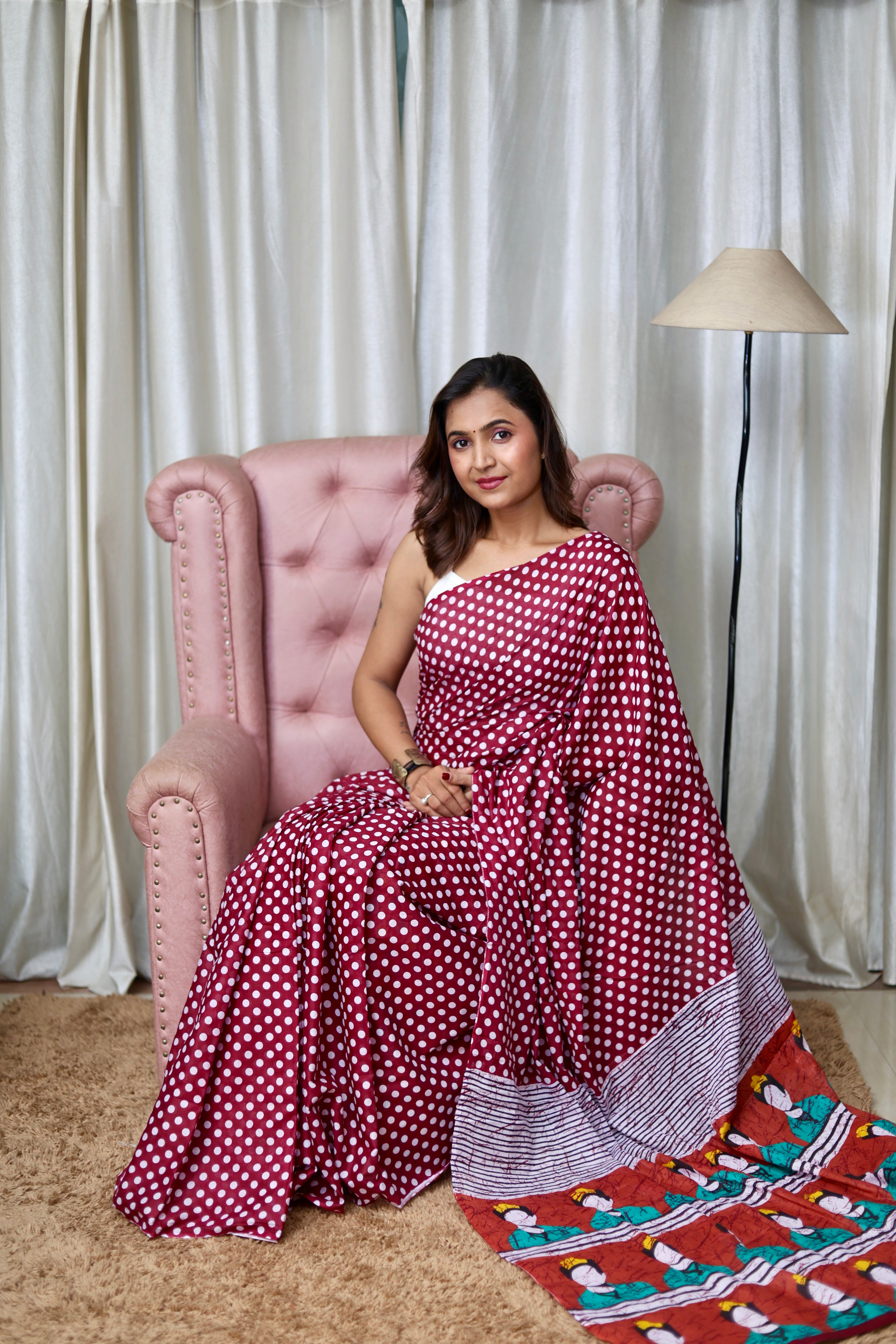 POLKA DOTS INDIAN STYLE PRINTD MULMUL COTTON MAROON SAREE