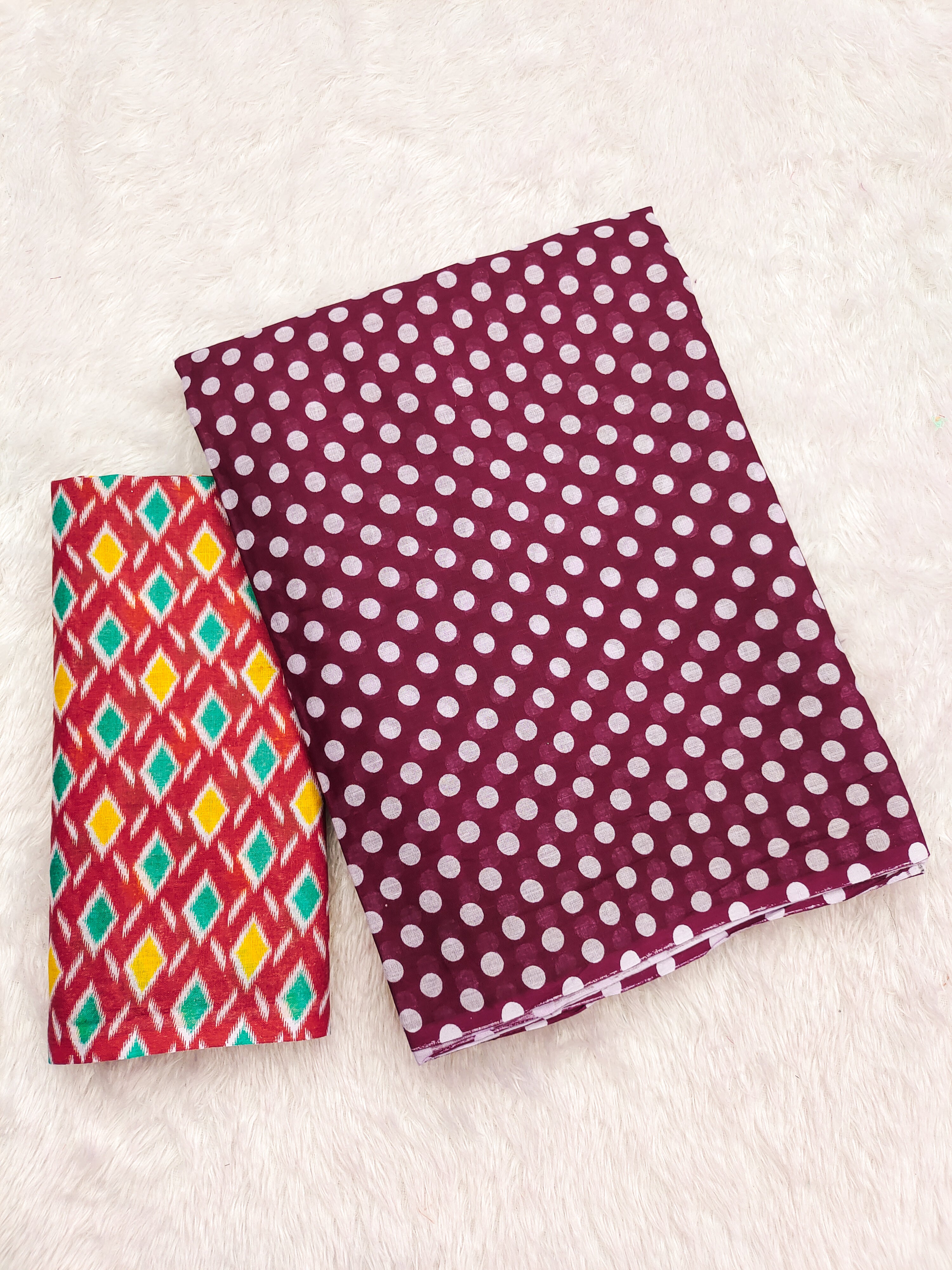 POLKA DOTS INDIAN STYLE PRINTD MULMUL COTTON MAROON SAREE