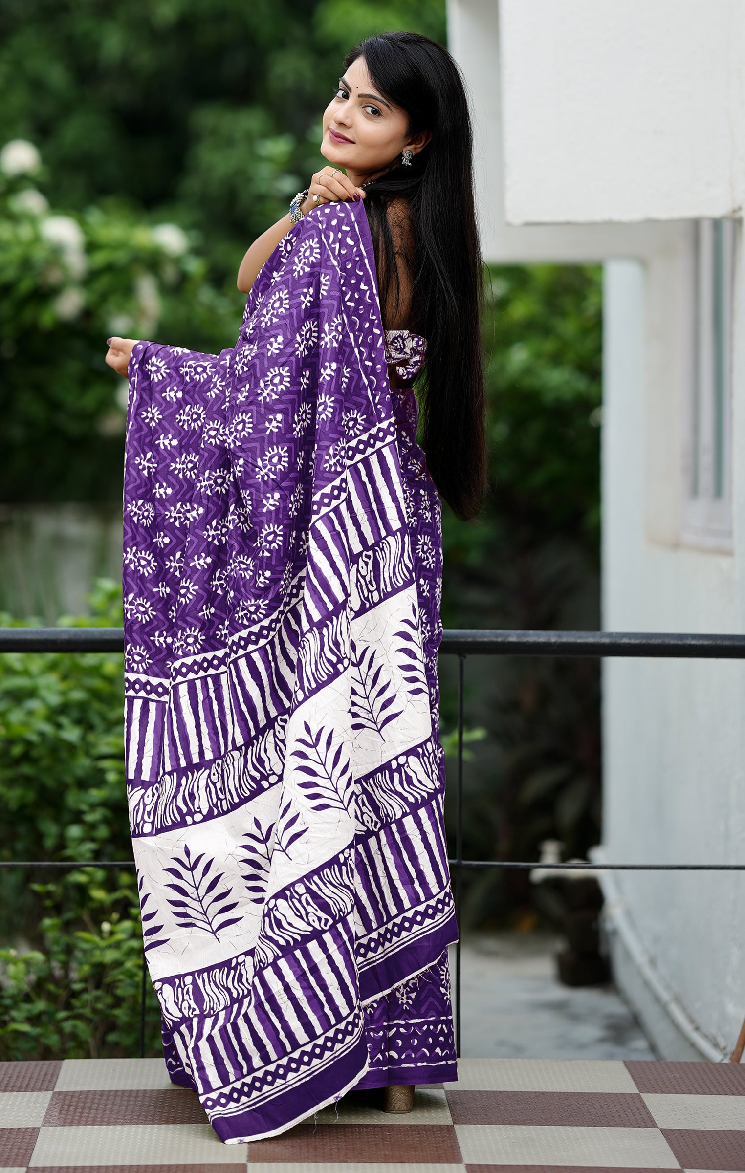 MISS JULIYANA PRIMUM COTTON JAIPUR BAGRU PRINTED COTTON MULMUL PURPLE SAREE