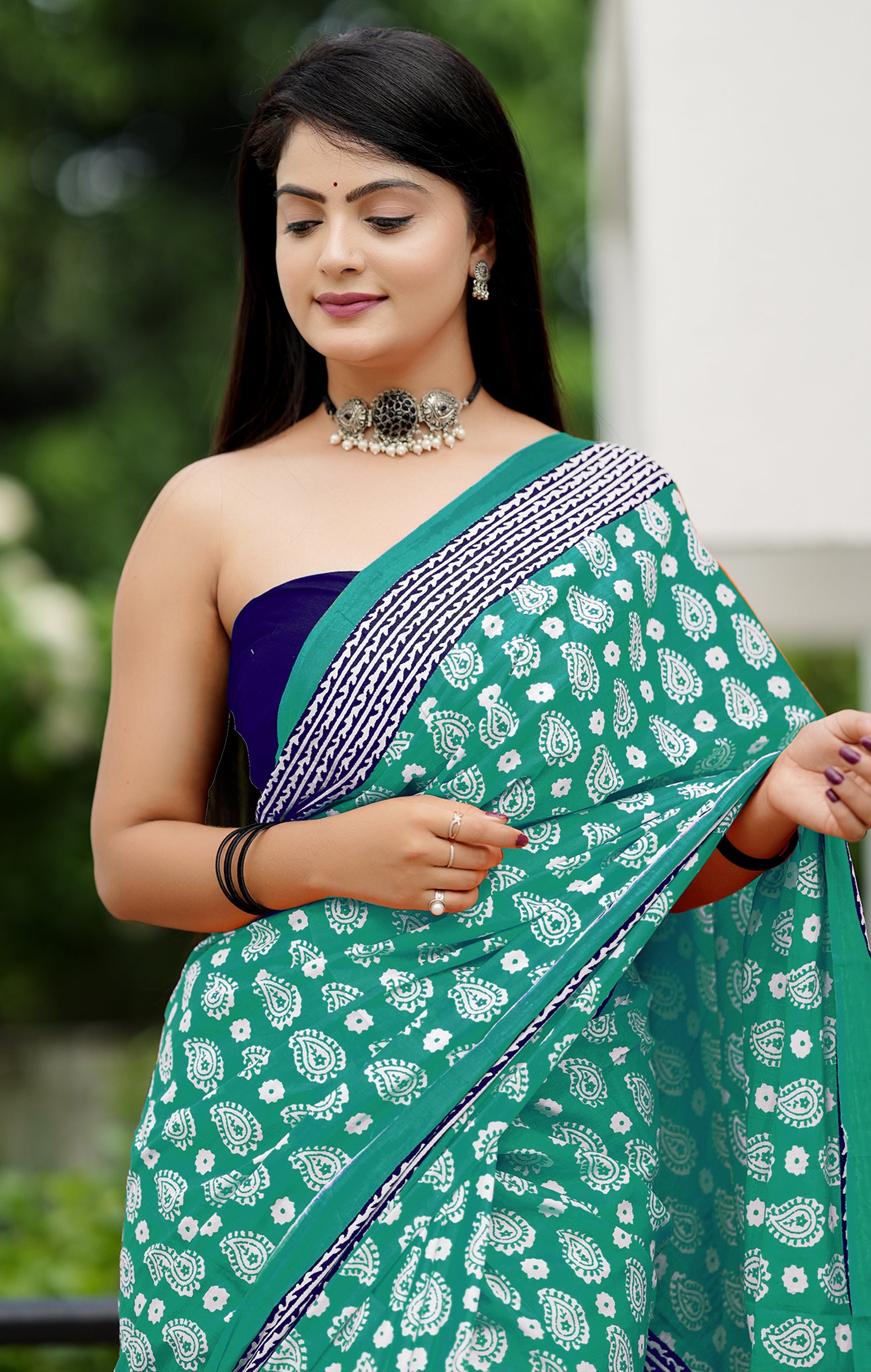 MISS JULIYANA PRIMUM COTTON JAIPUR BAGRU PRINTED COTTON MULMUL MINT GREEN SAREE