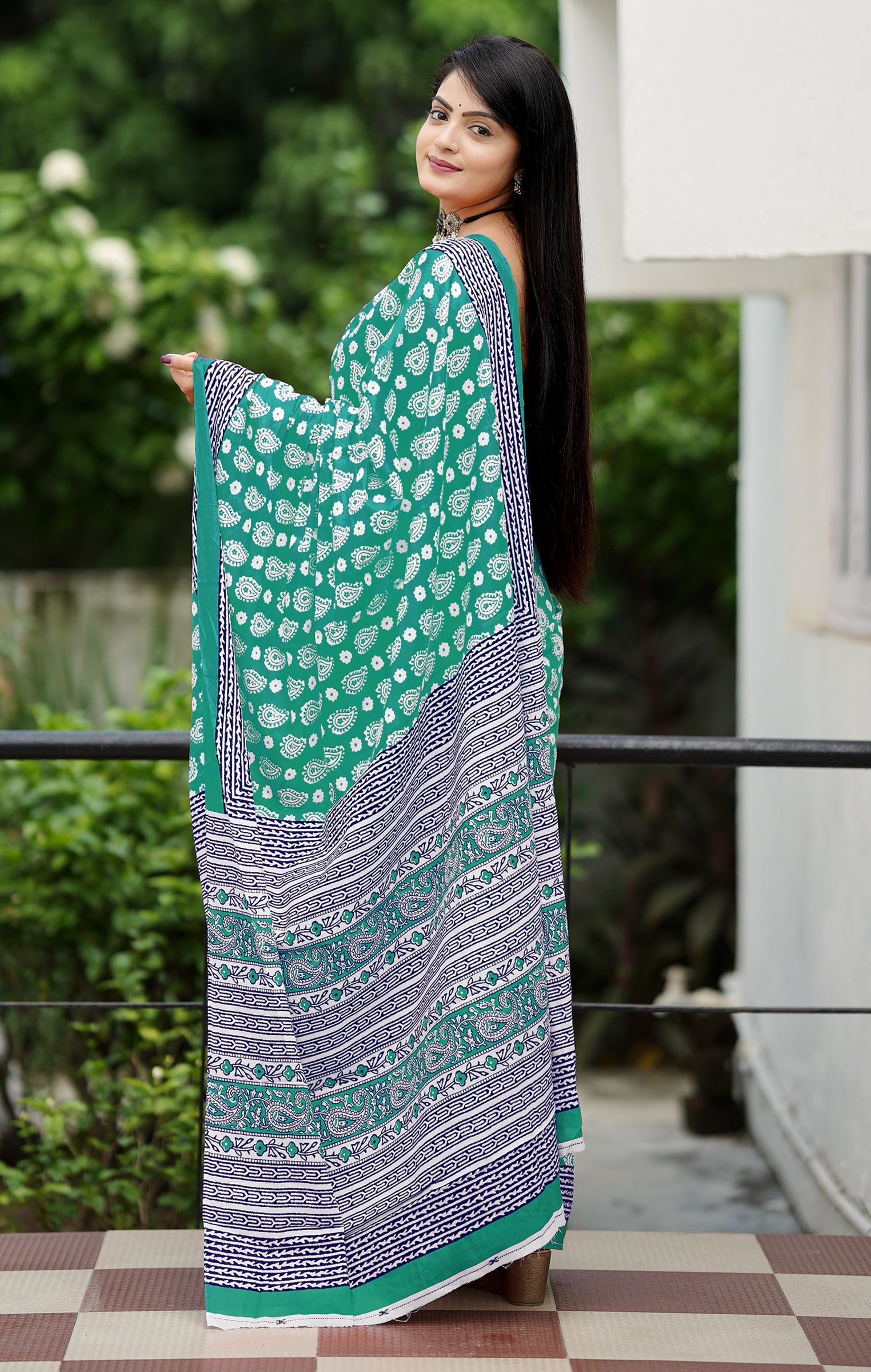 MISS JULIYANA PRIMUM COTTON JAIPUR BAGRU PRINTED COTTON MULMUL MINT GREEN SAREE