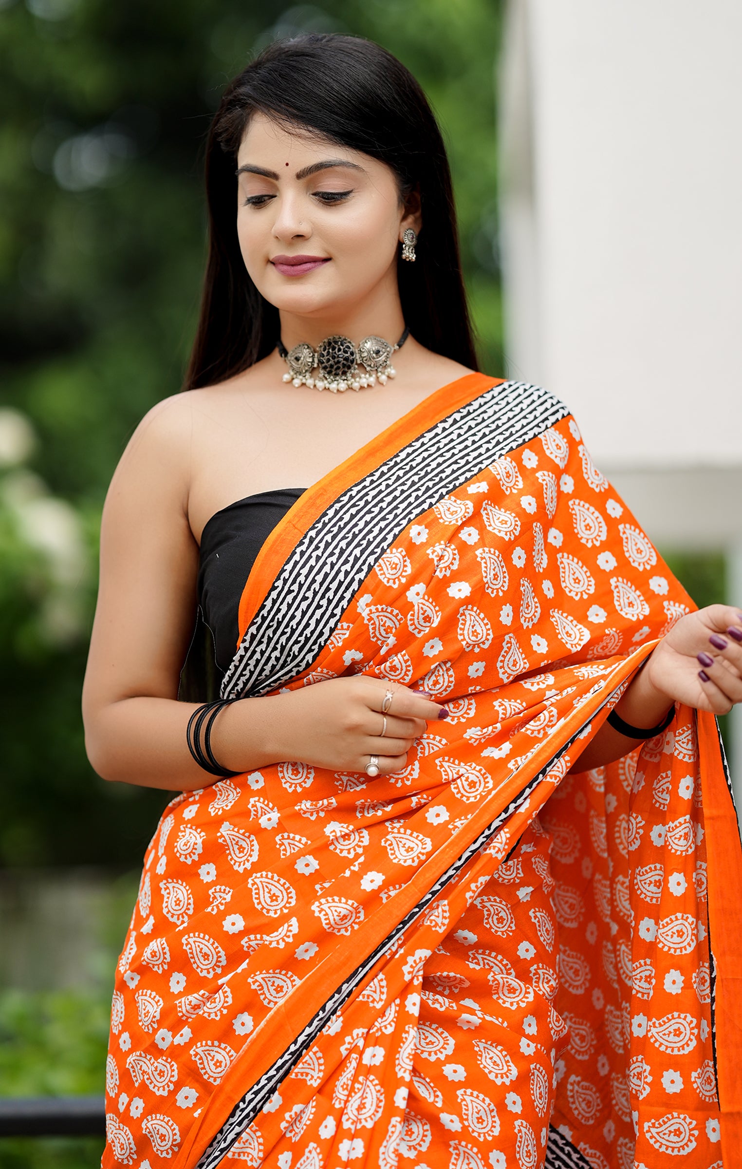 MISS JULIYANA PRIMUM COTTON JAIPUR BAGRU PRINTED COTTON MULMUL ORANGE SAREE