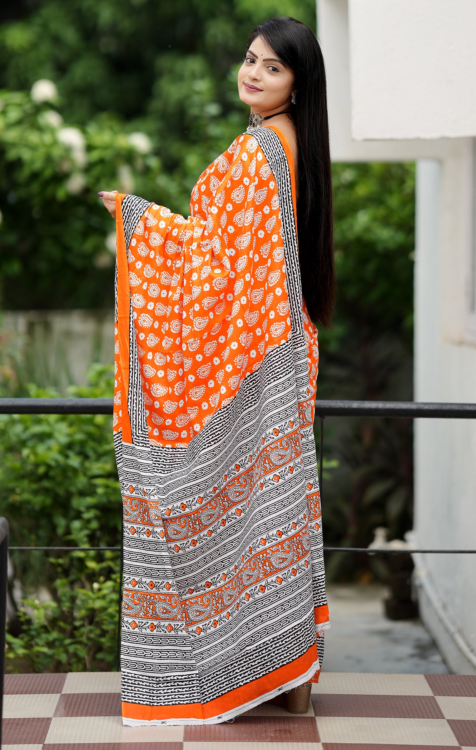 MISS JULIYANA PRIMUM COTTON JAIPUR BAGRU PRINTED COTTON MULMUL ORANGE SAREE