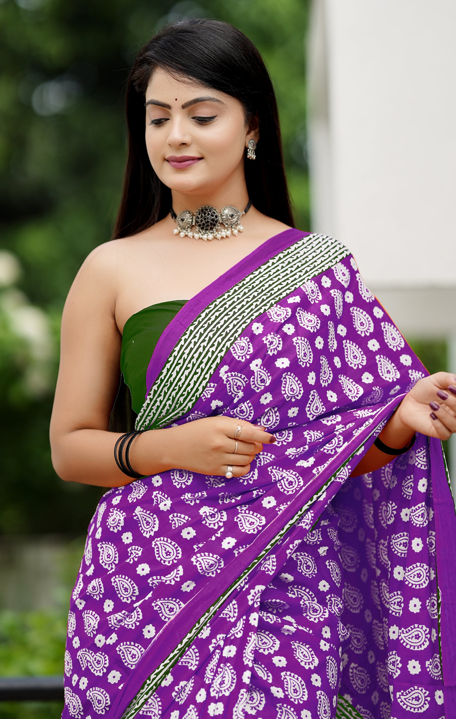 MISS JULIYANA PRIMUM COTTON JAIPUR BAGRU PRINTED COTTON MULMUL PURPEL SAREE