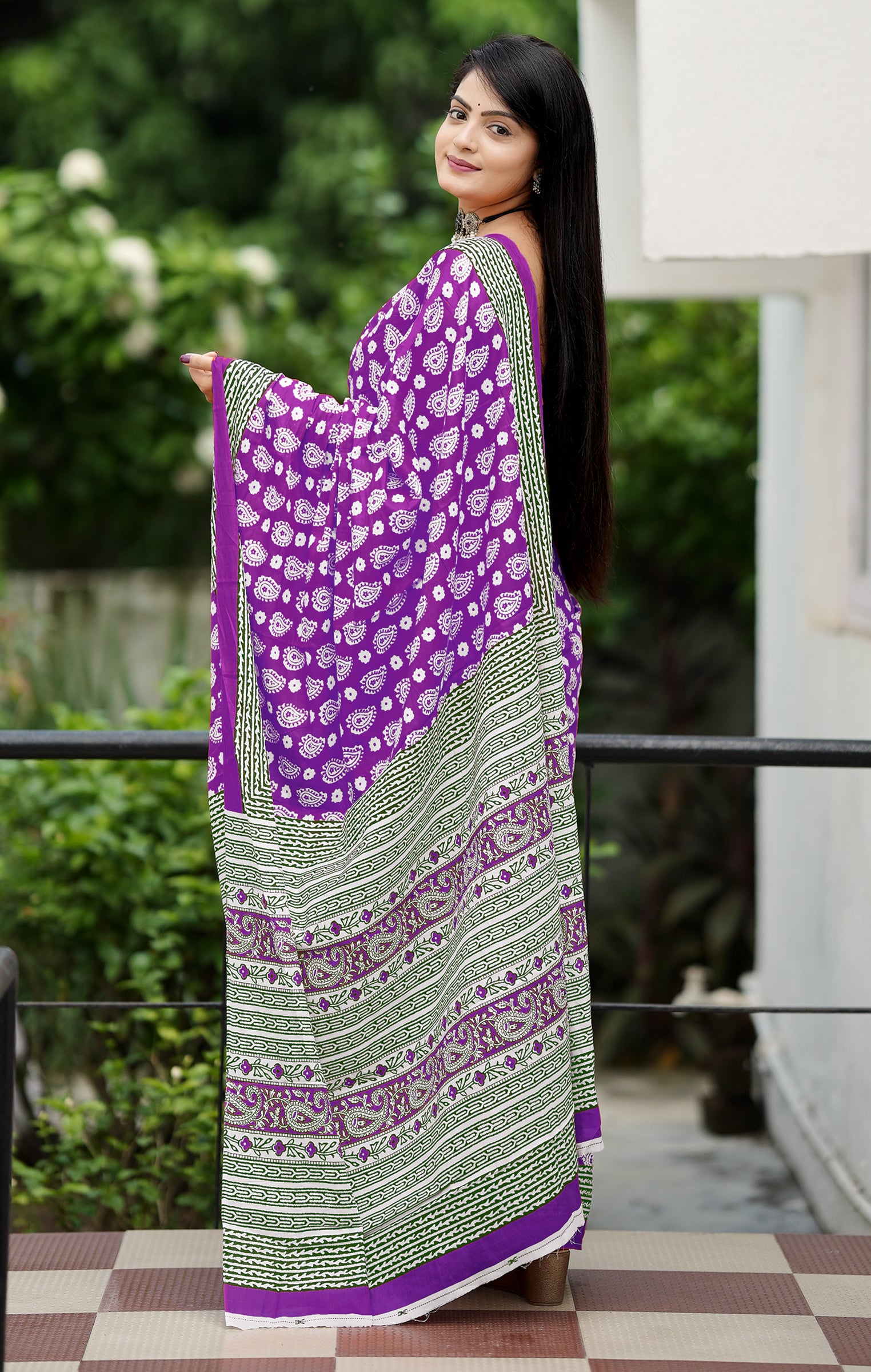 MISS JULIYANA PRIMUM COTTON JAIPUR BAGRU PRINTED COTTON MULMUL PURPEL SAREE