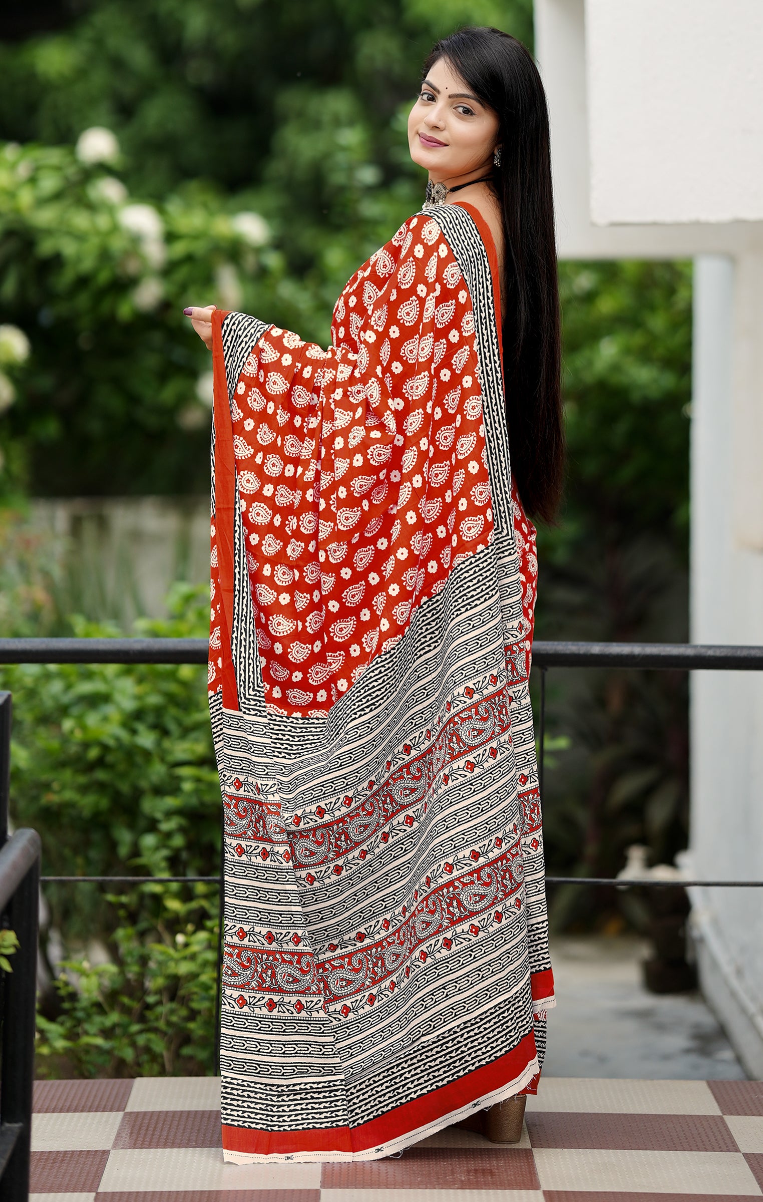 MISS JULIYANA PRIMUM COTTON JAIPUR BAGRU PRINTED COTTON MULMUL RUST RED SAREE