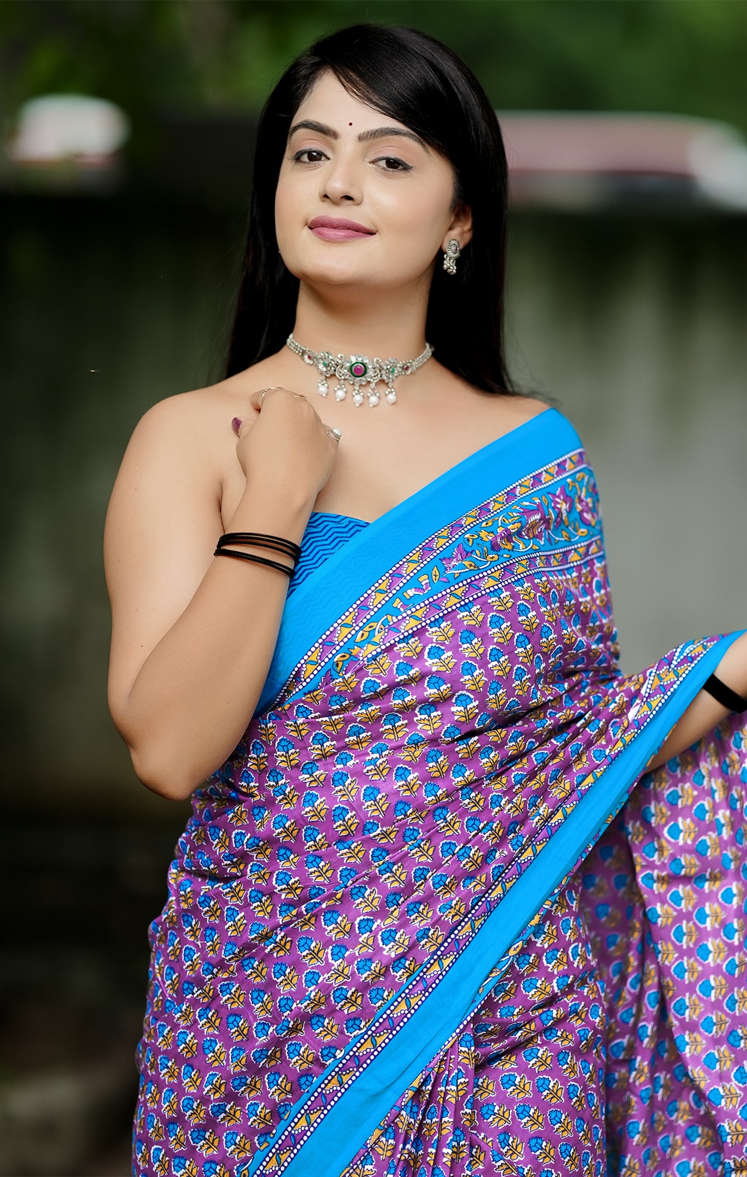 MISS JULIYANA PRIMUM COTTON JAIPUR BAGRU PRINTED COTTON MULMUL PURPLE SAREE