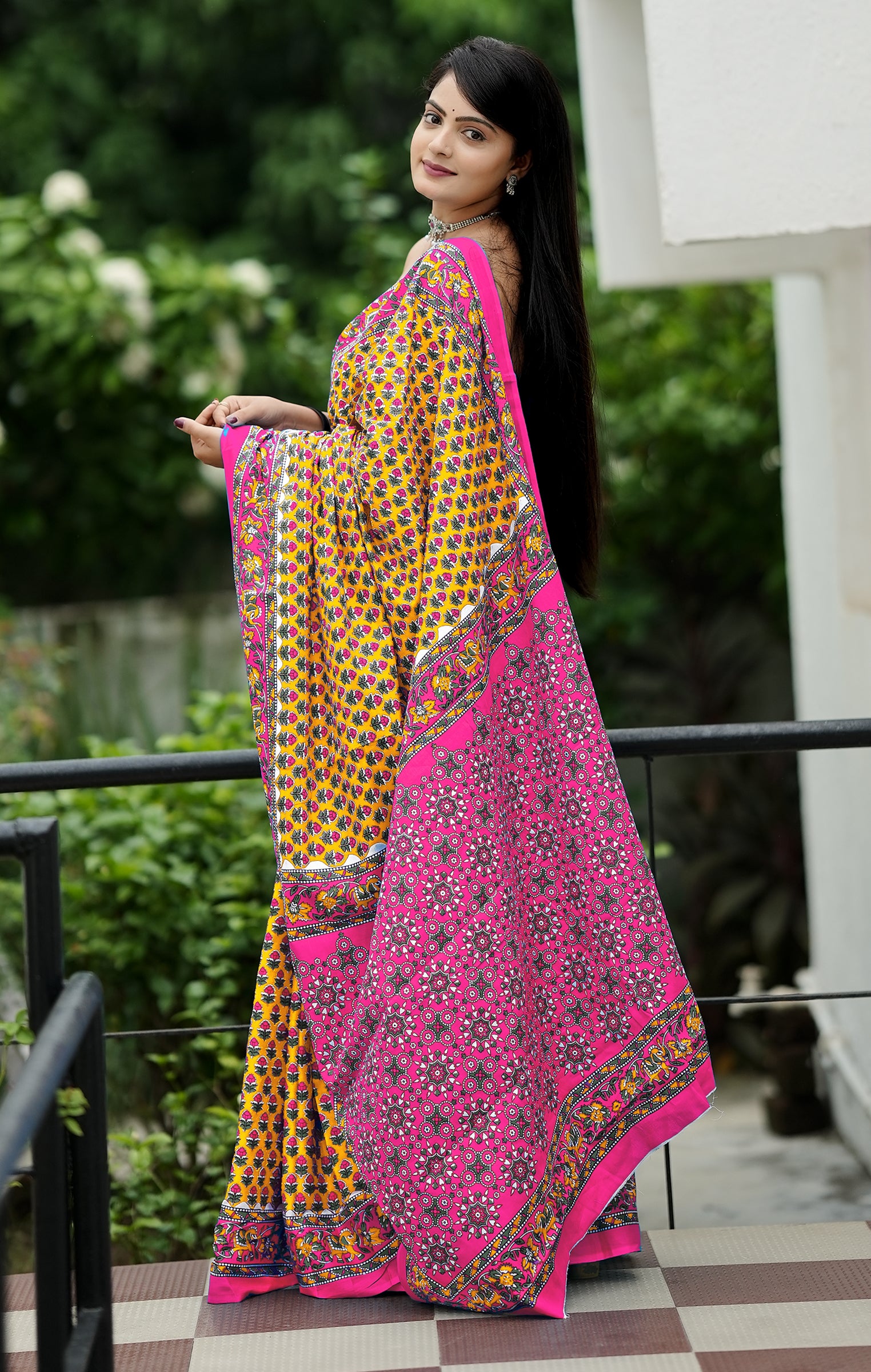 MISS JULIYANA PRIMUM COTTON JAIPUR BAGRU PRINTED COTTON MULMUL YELLOW SAREE