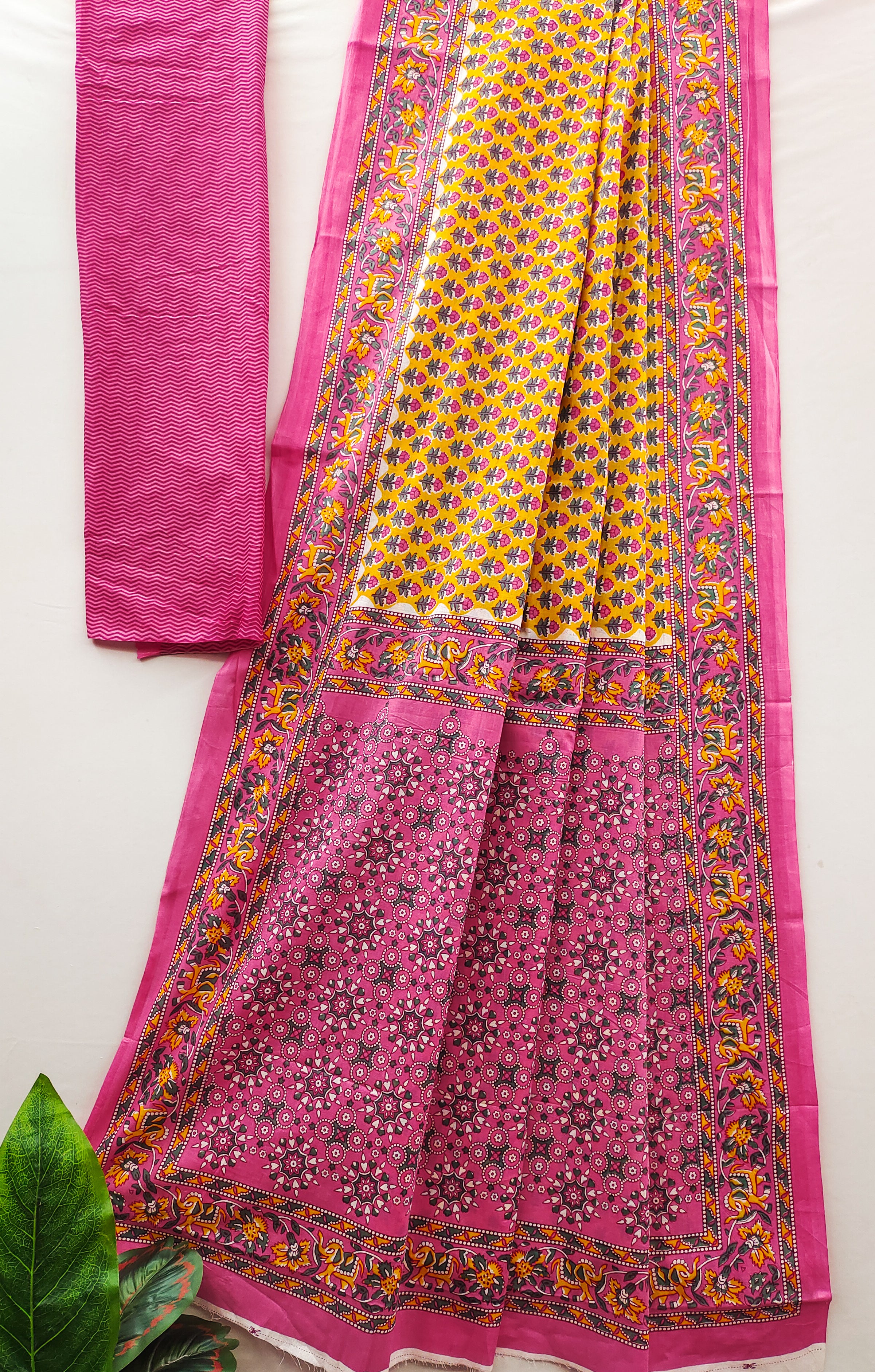 MISS JULIYANA PRIMUM COTTON JAIPUR BAGRU PRINTED COTTON MULMUL YELLOW SAREE