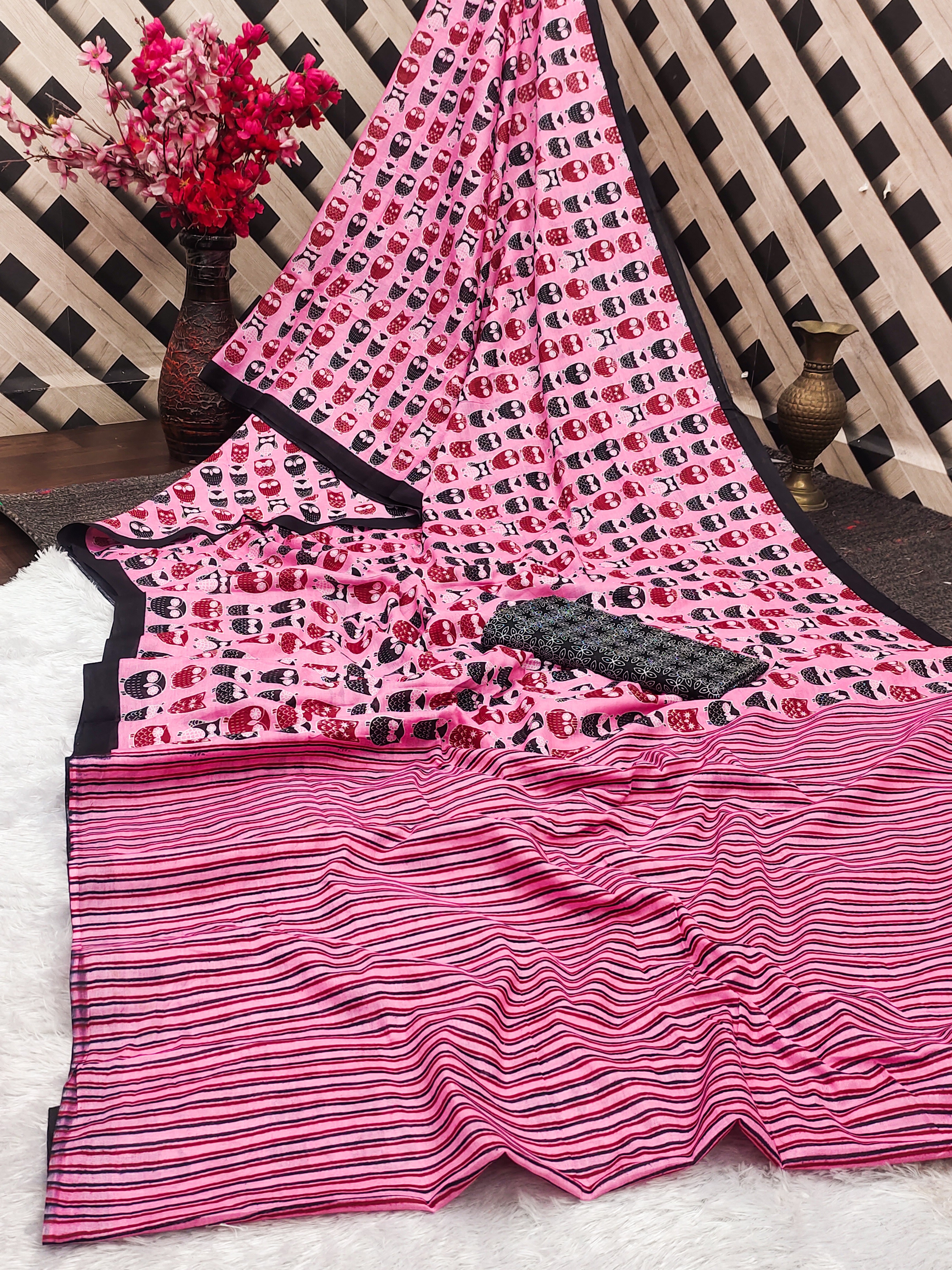 NIHAN SOFT PURE COTTON ABUTRACT HAND BLOCK PRINTED PINK SAREE