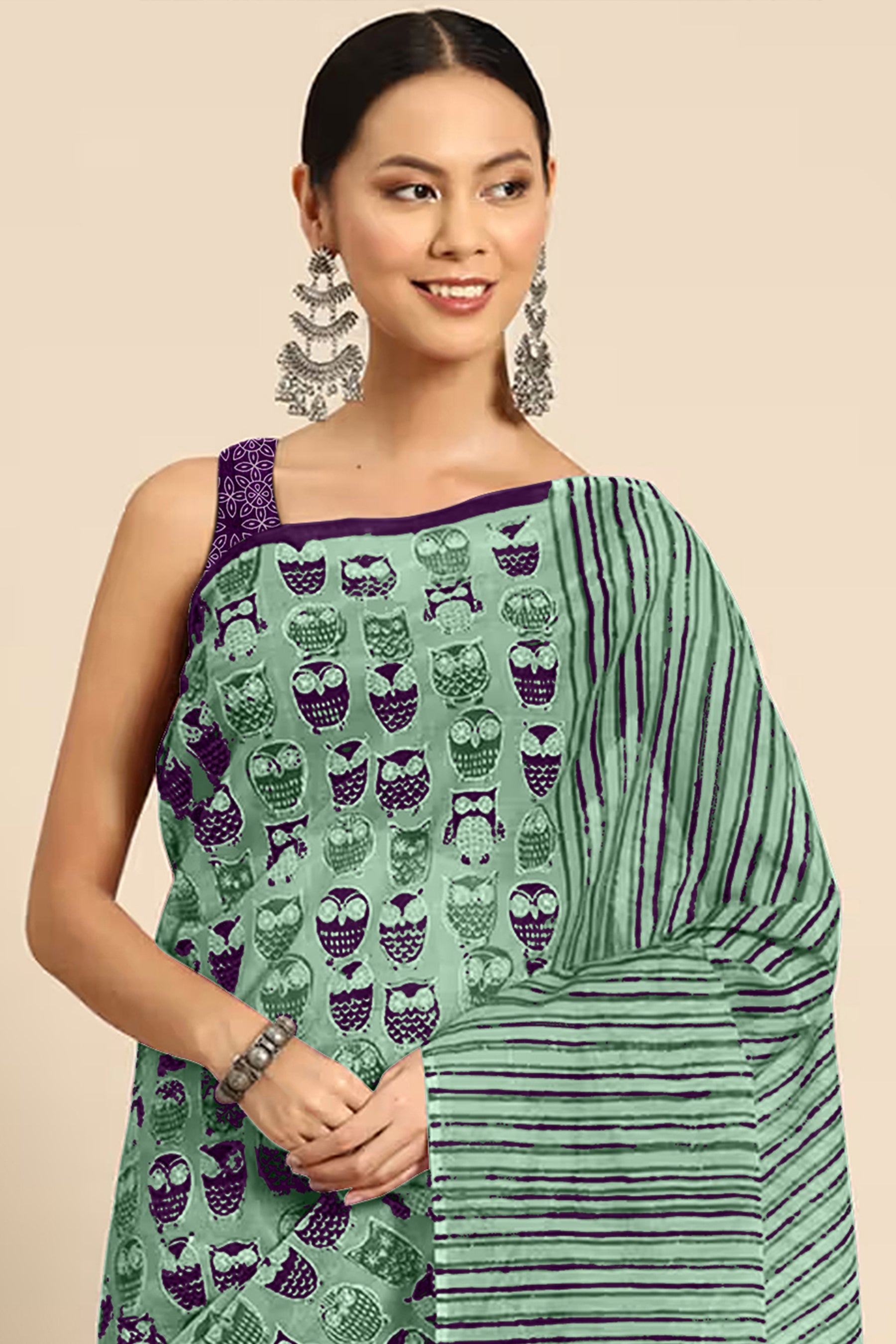 NIHAN SOFT PURE COTTON ABUTRACT HAND BLOCK PRINTED GREEN SAREE