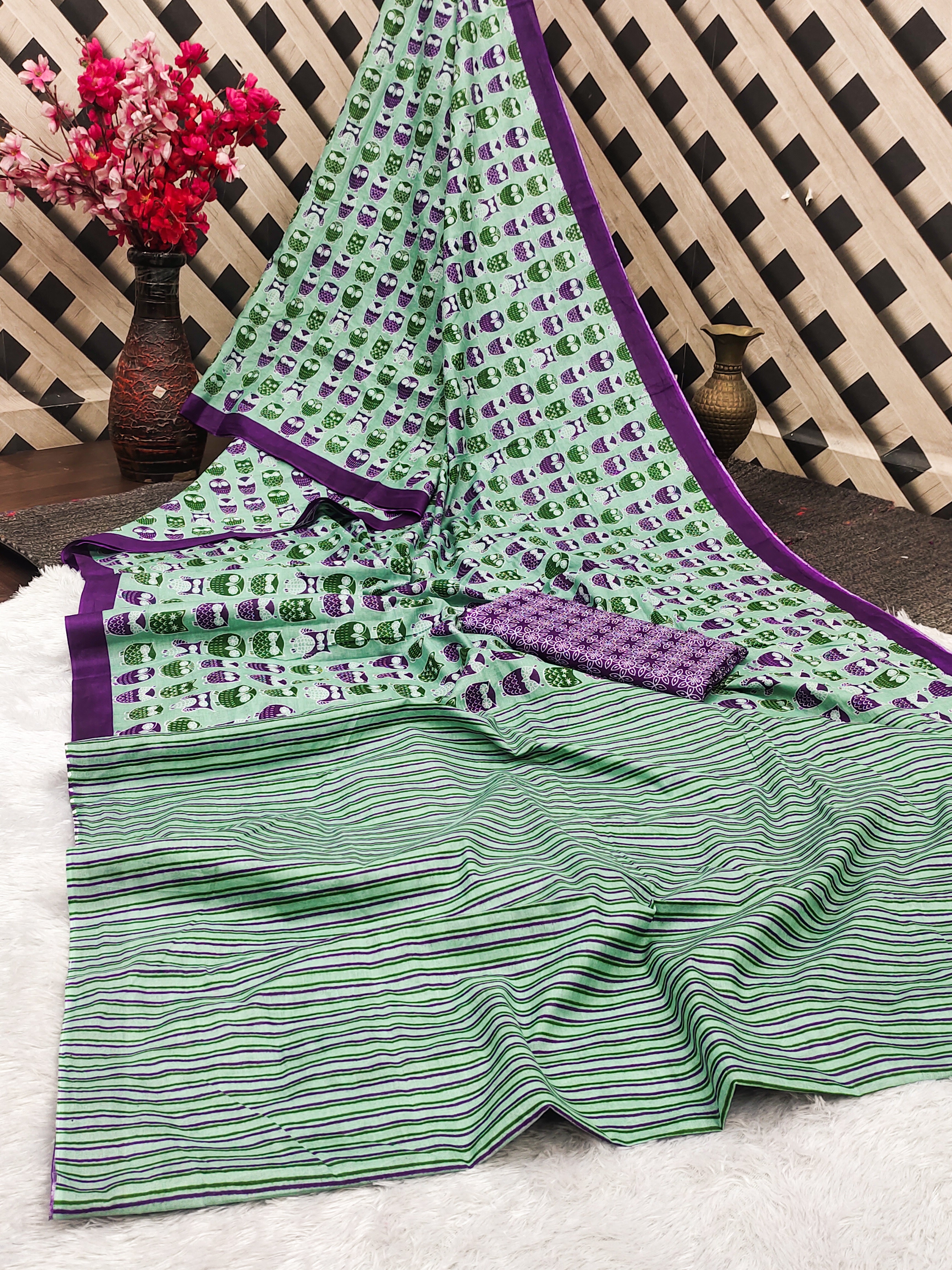 NIHAN SOFT PURE COTTON ABUTRACT HAND BLOCK PRINTED GREEN SAREE