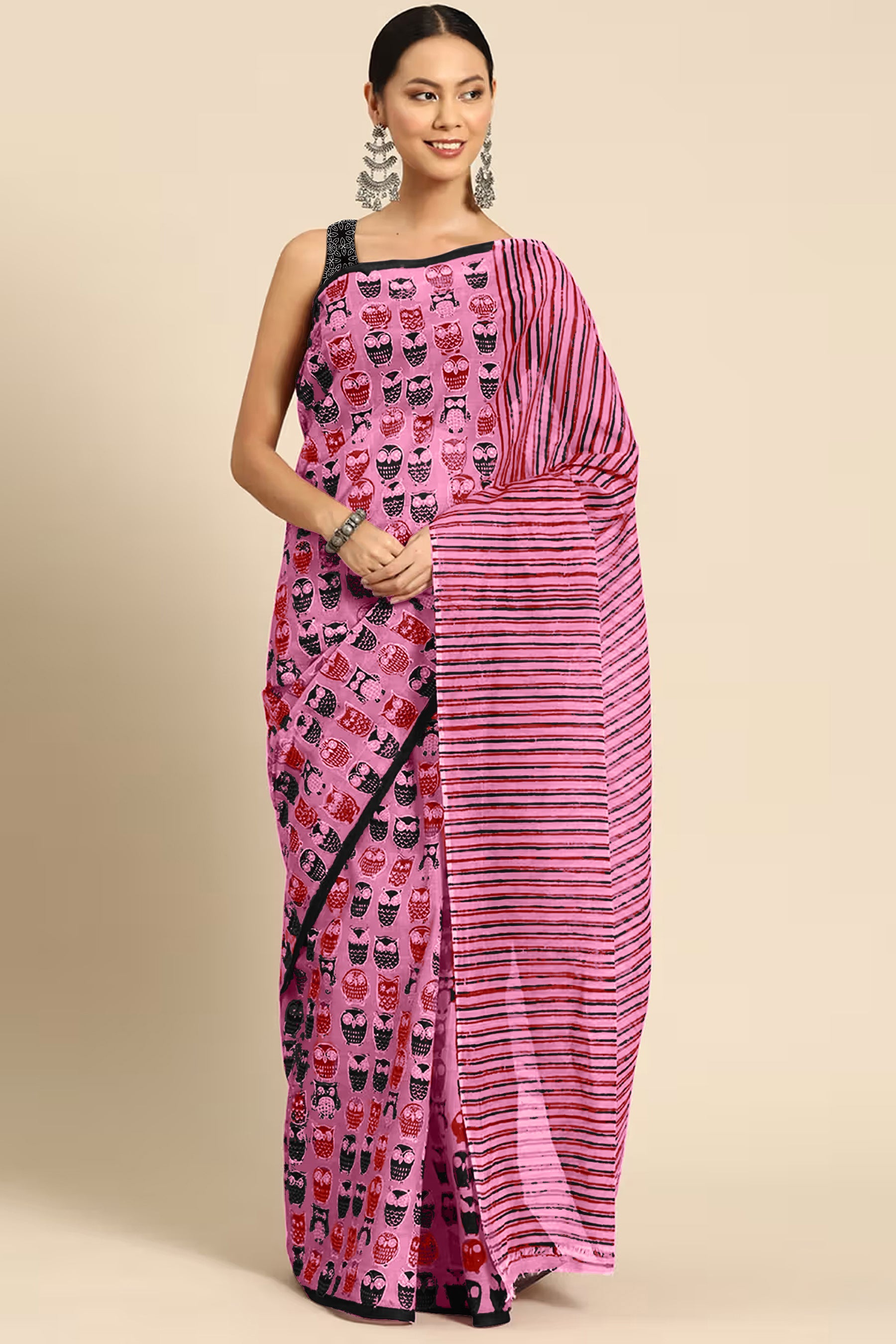 NIHAN SOFT PURE COTTON ABUTRACT HAND BLOCK PRINTED PINK SAREE