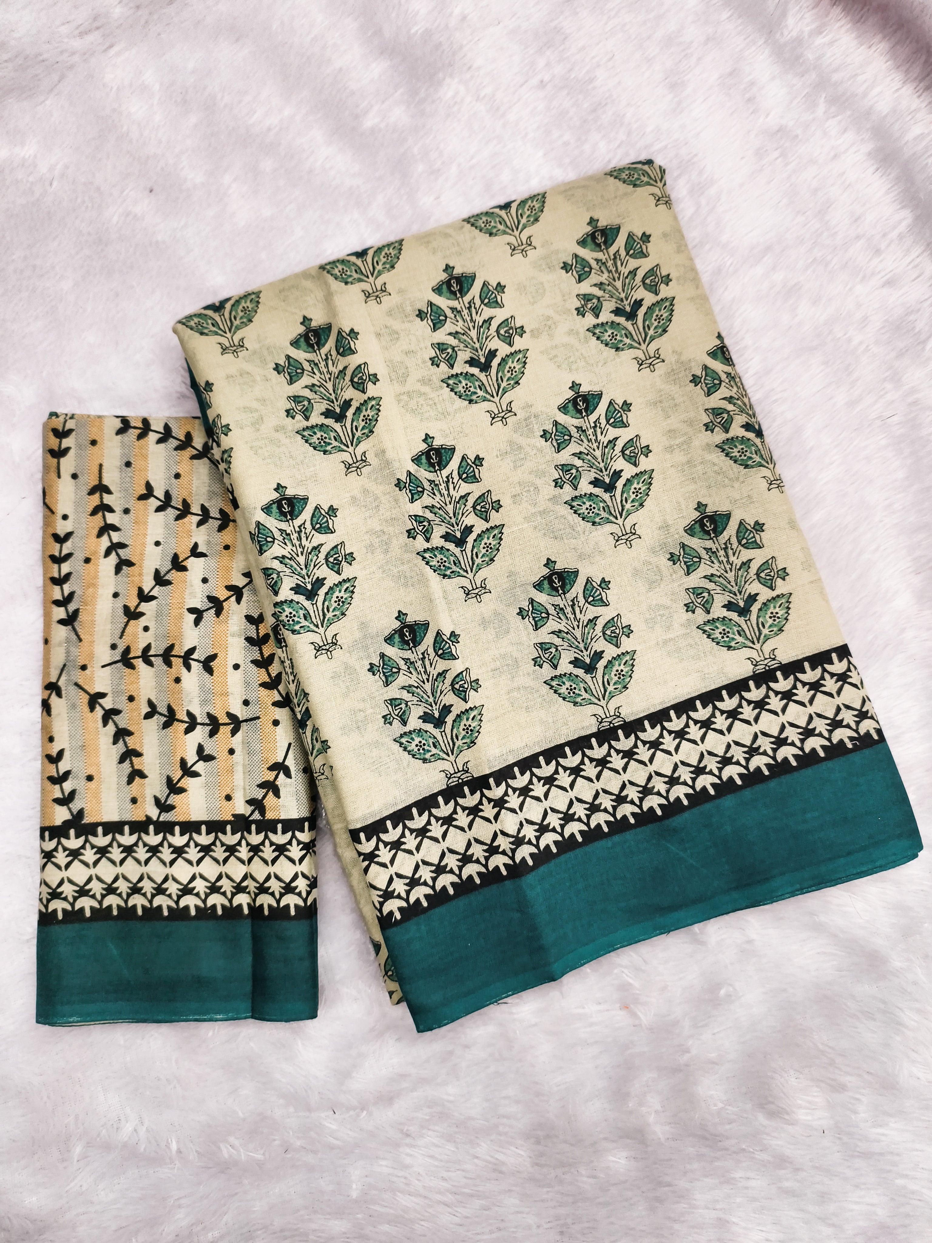 NIRMALA PURE MULMUL COTTON HAND BLOCK PRINT GREEN SAREE