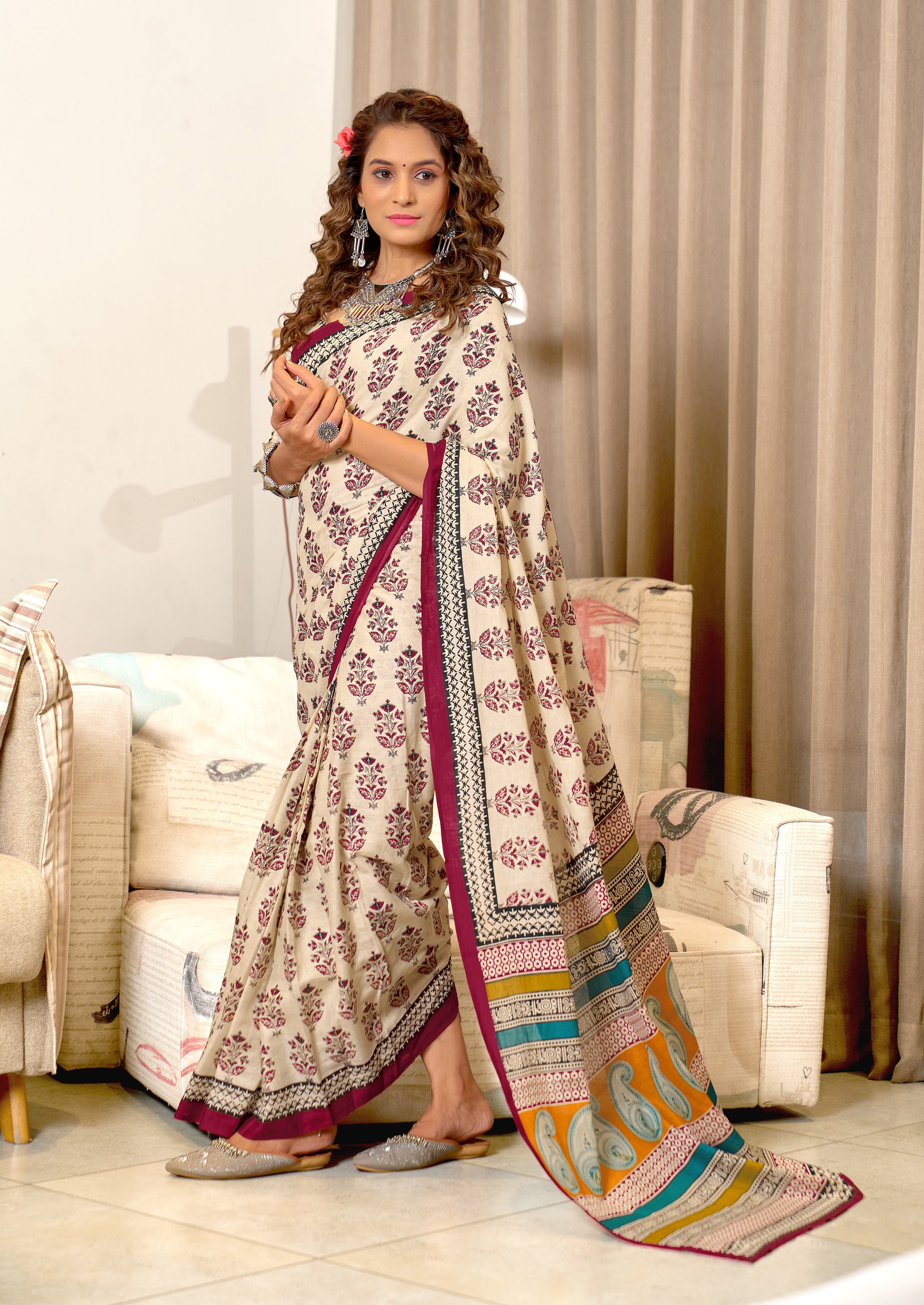 NIRMALA PURE MULMUL COTTON HAND BLOCK PRINT MAROON SAREE