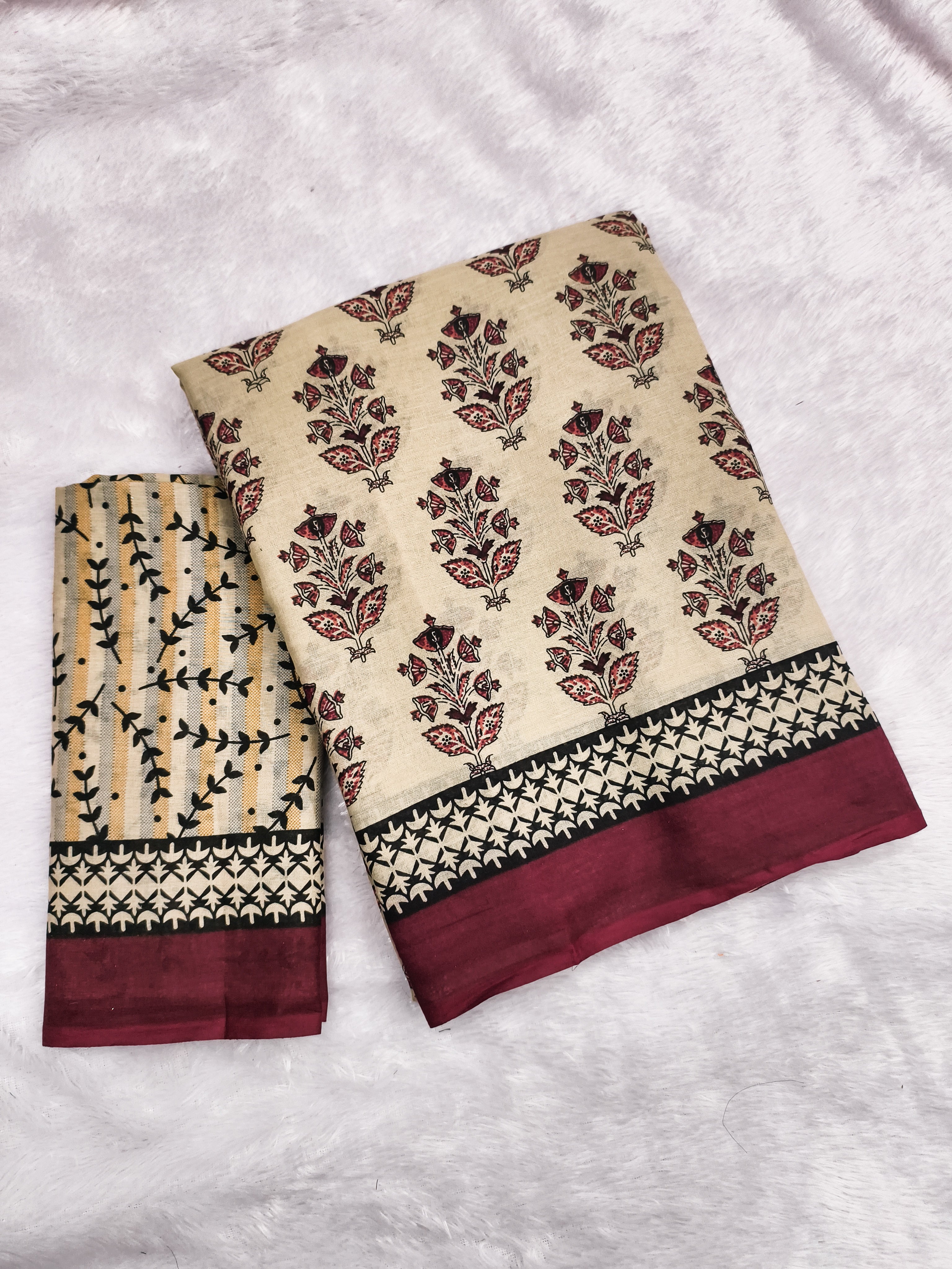 NIRMALA PURE MULMUL COTTON HAND BLOCK PRINT MAROON SAREE