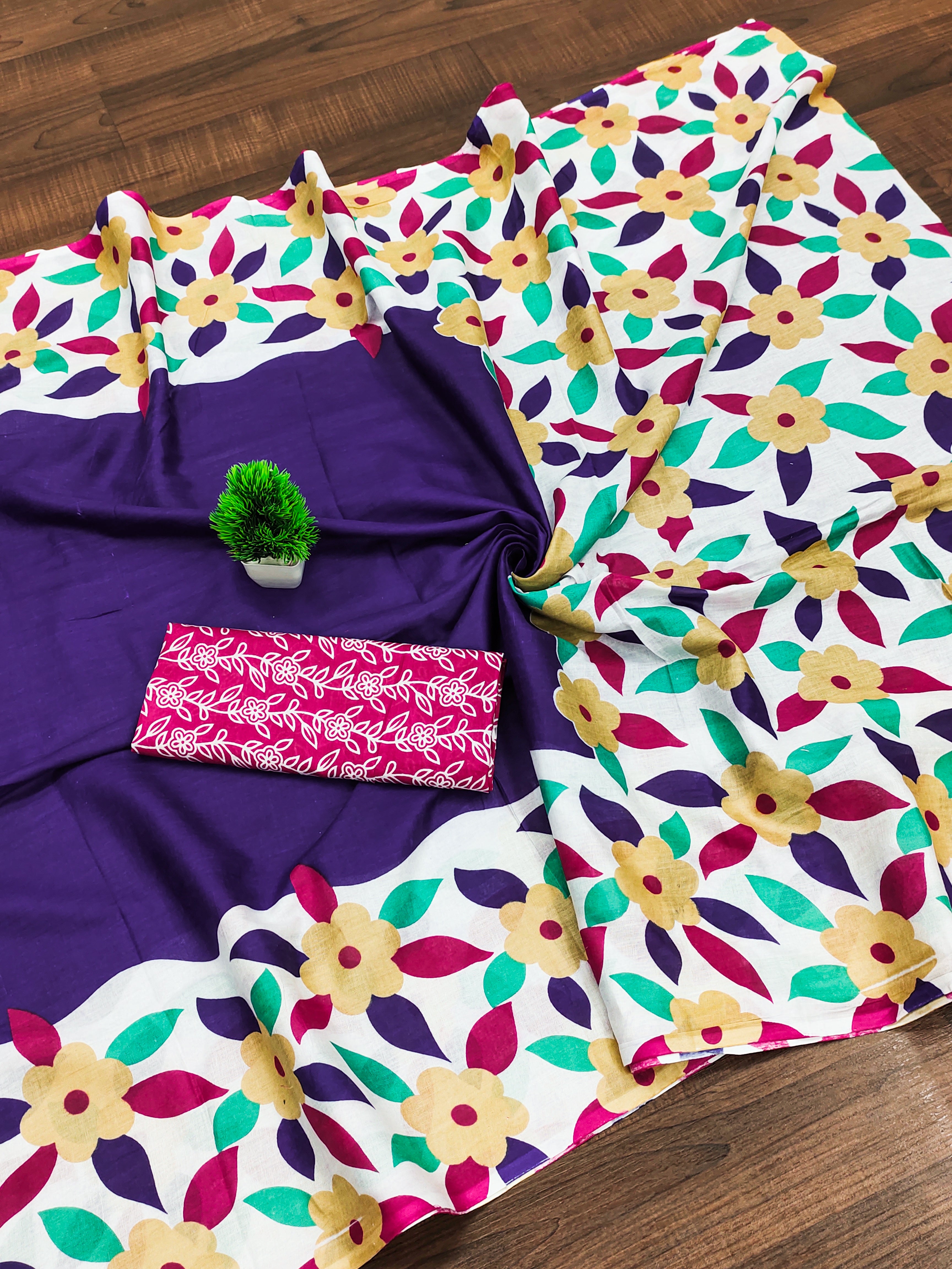 NIRUPA PURE MULMUL COTTON FLORAL PRINTED BLOCK PRINTD BLUE SAREE