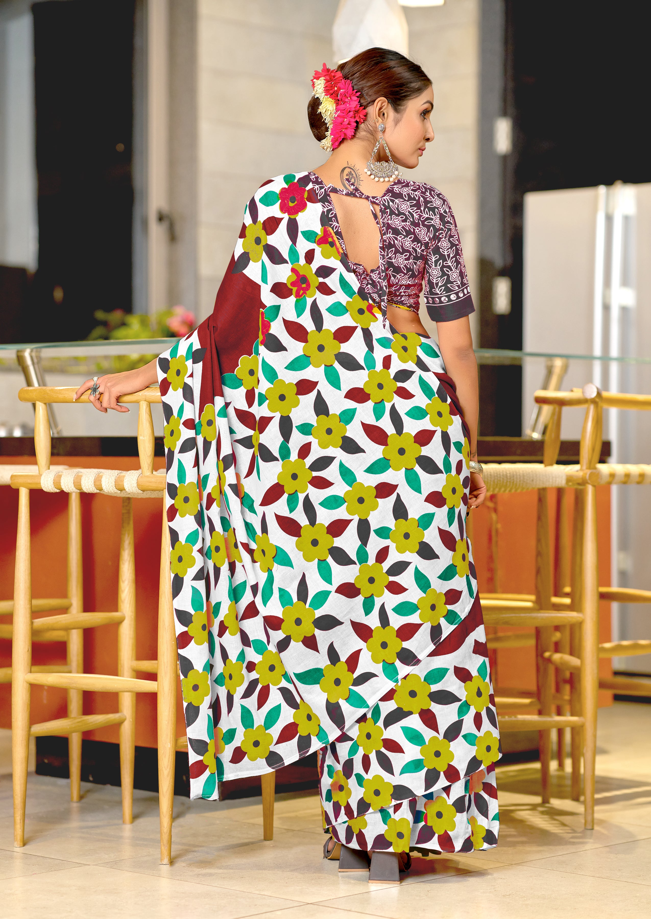 NIRUPA PURE MULMUL COTTON FLORAL PRINTED BLOCK PRINTD MAROON SAREE