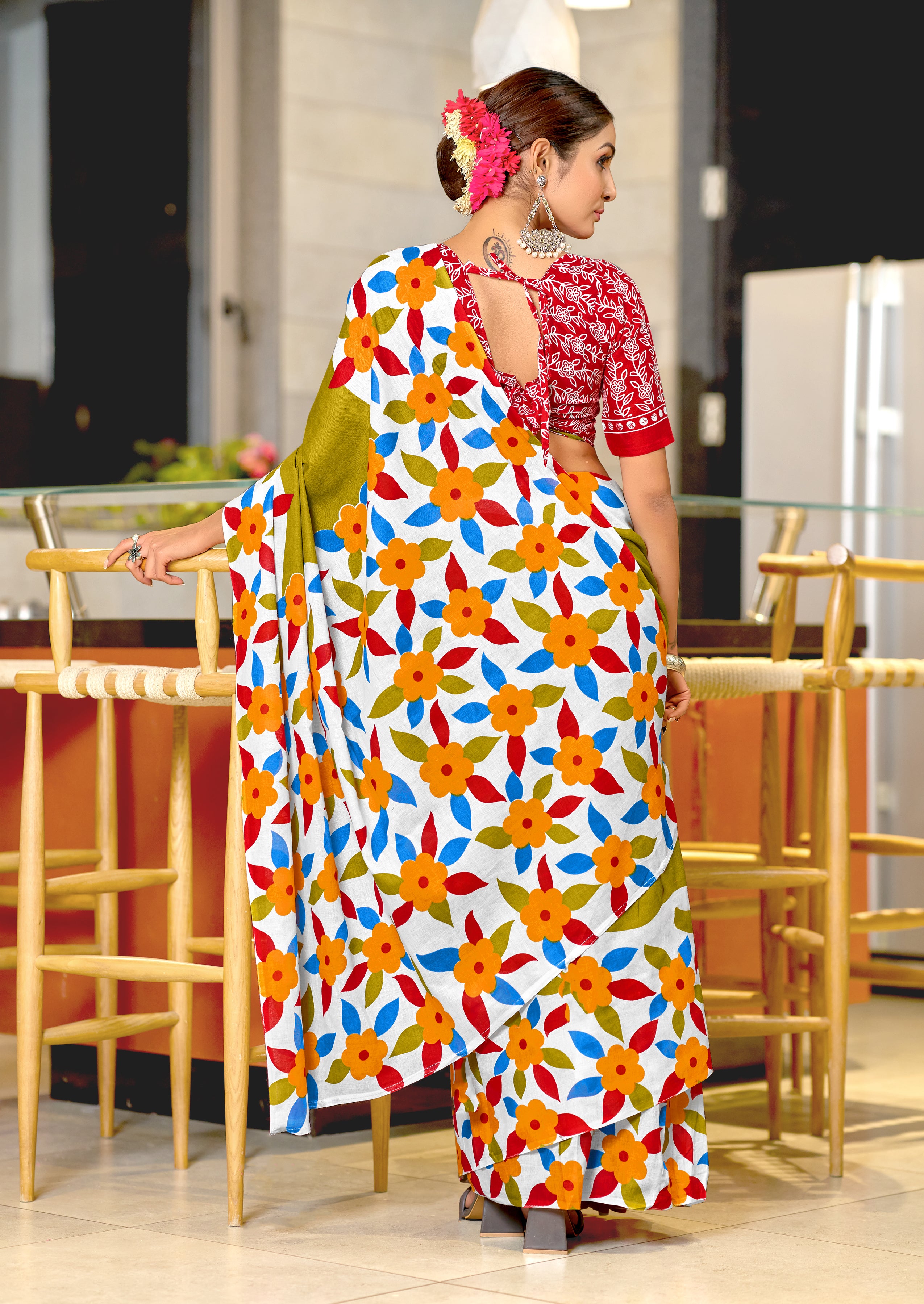 NIRUPA PURE MULMUL COTTON FLORAL PRINTED BLOCK PRINTD GREEN SAREE