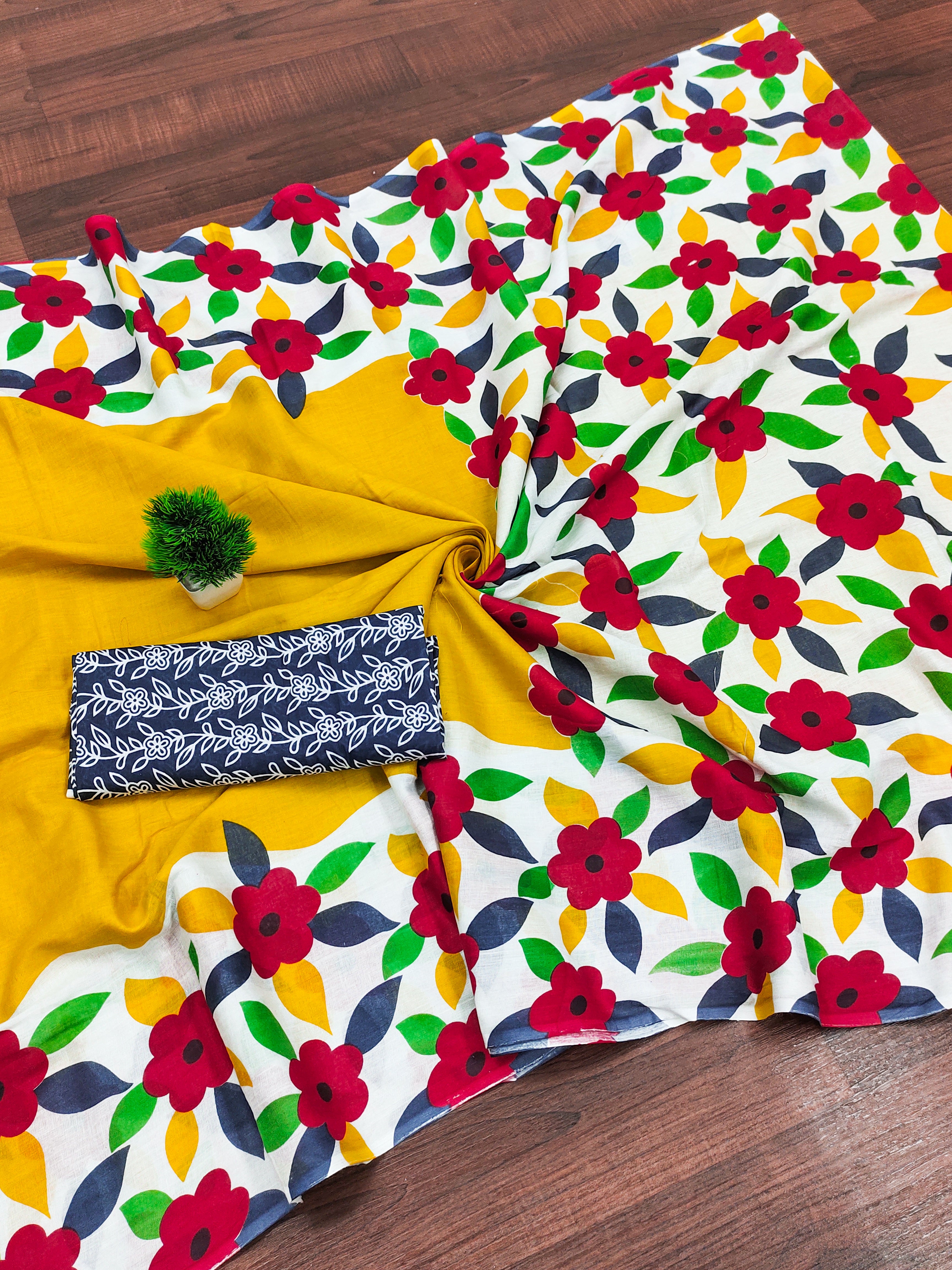 NIRUPA PURE MULMUL COTTON FLORAL PRINTED BLOCK PRINTD YELLOW SAREE