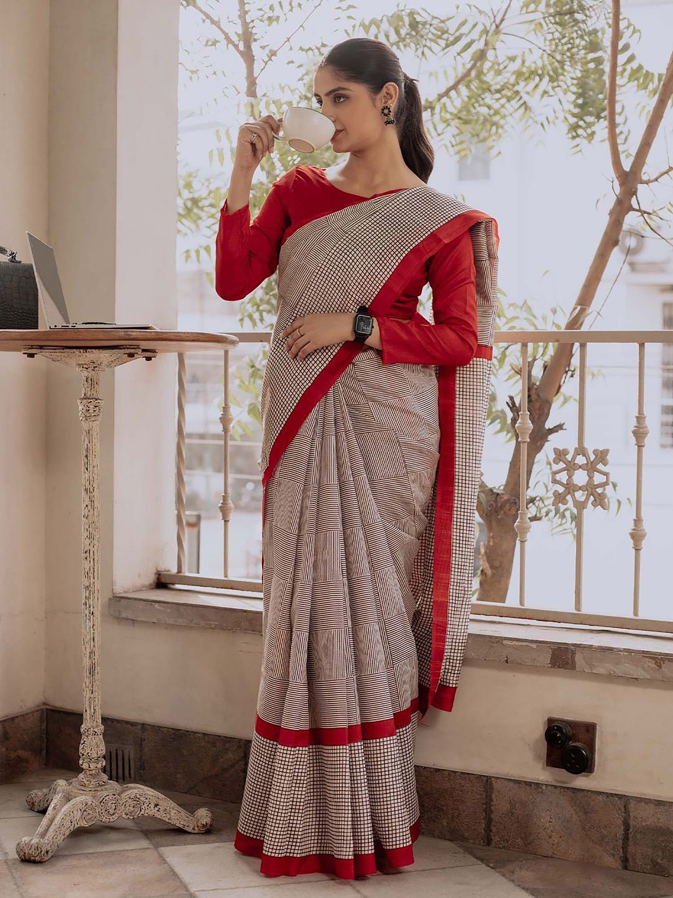 OFFICE TIME SOFT PURE COTTON FANCY TRANDING OFFICE WEAR JAIPUR BLOCK PRINT BEAGE RED SAREE