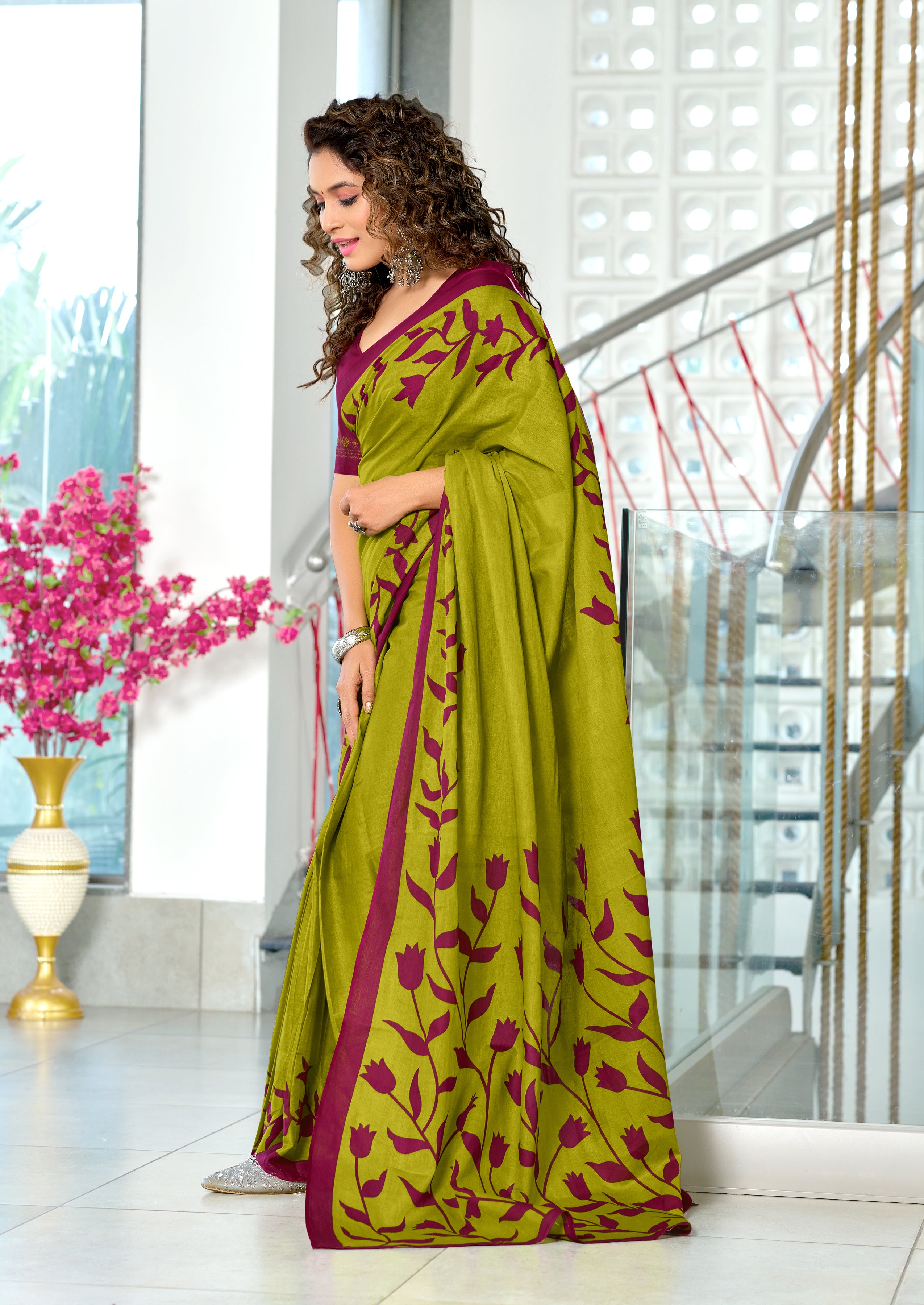 PADMAVATI PURE MULMUL COTTON FANCY HAND BLOCK PRINT GREEN SAREE