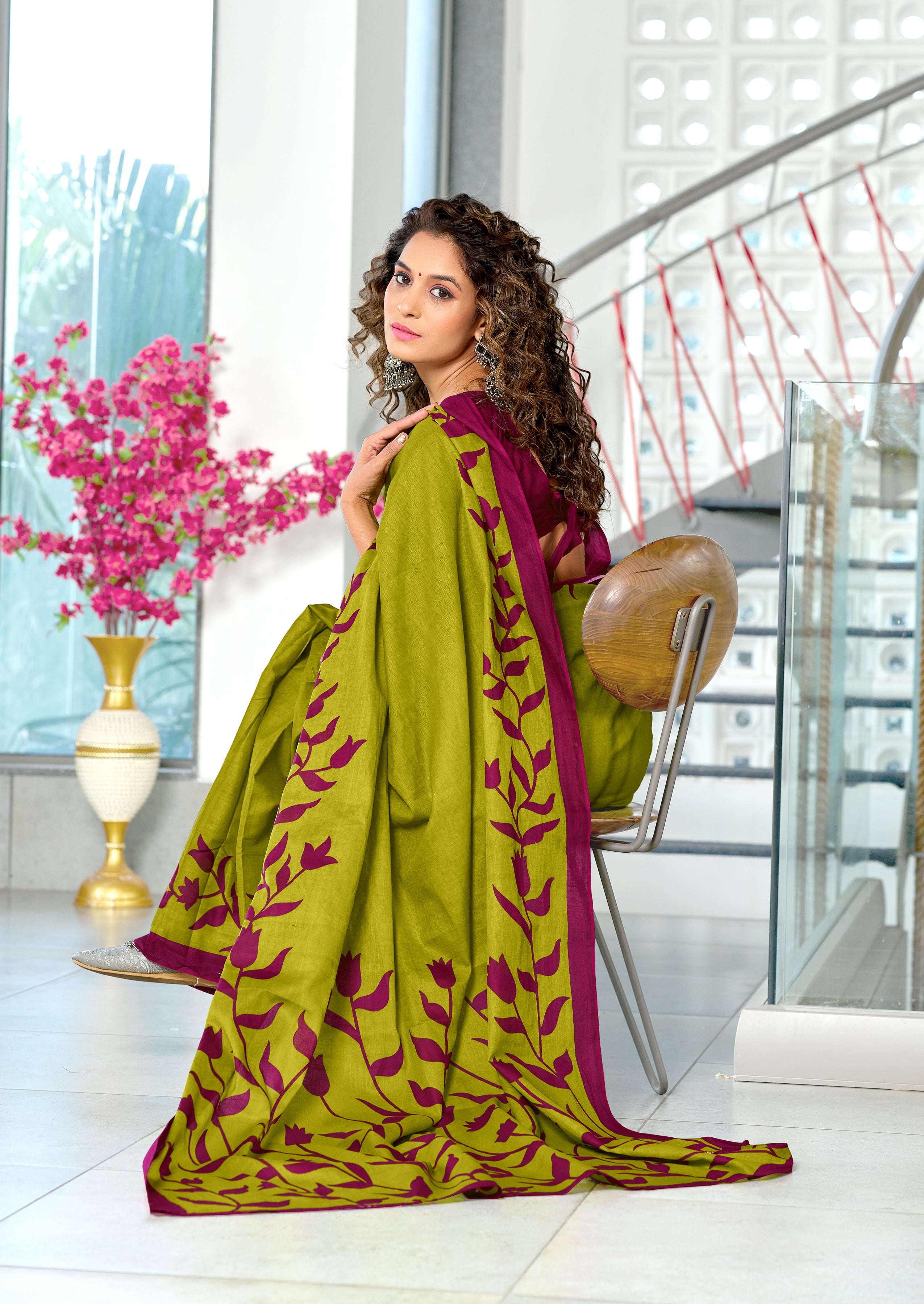 PADMAVATI PURE MULMUL COTTON FANCY HAND BLOCK PRINT GREEN SAREE