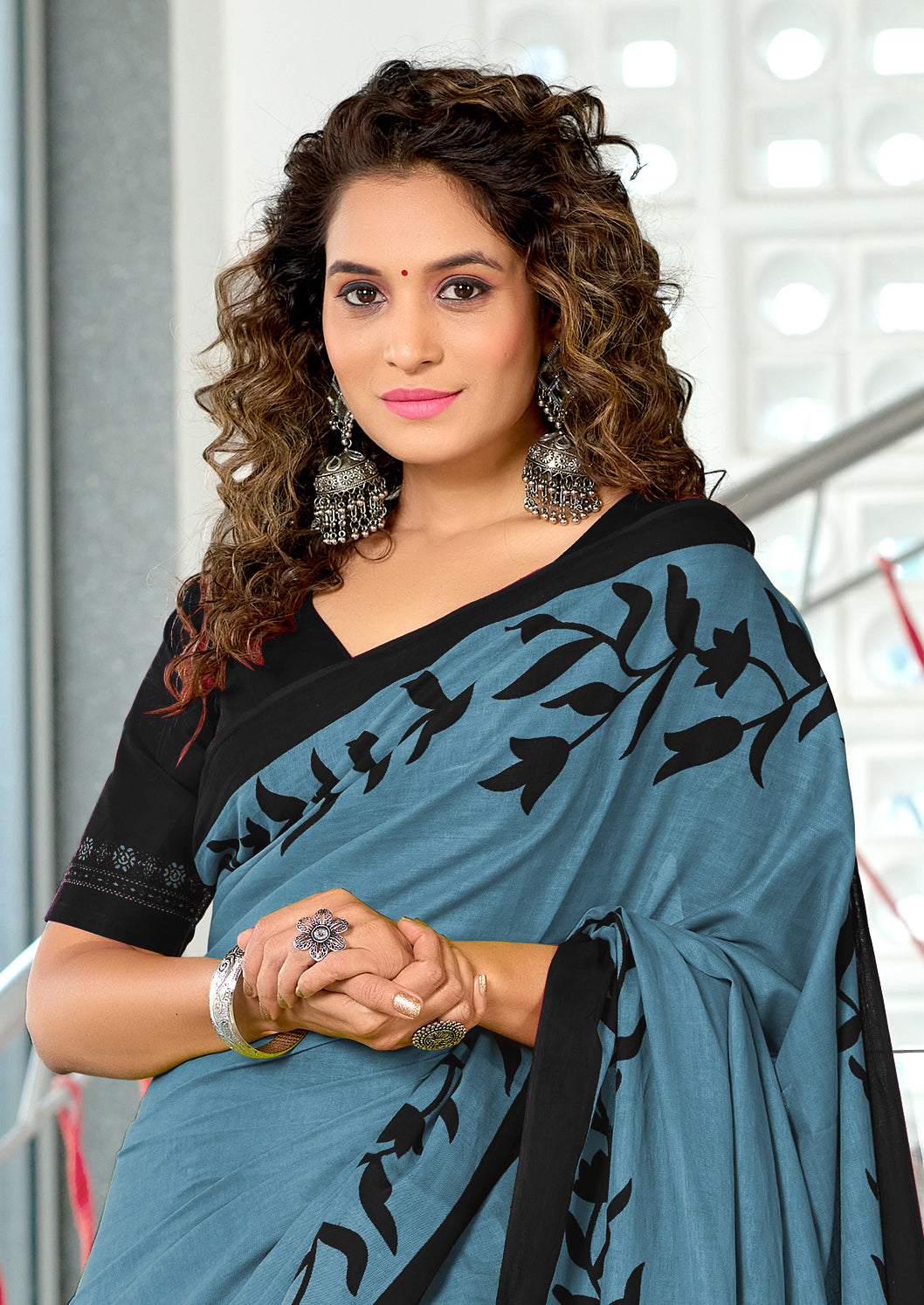PADMAVATI PURE MULMUL COTTON FANCY HAND BLOCK PRINT GREY SAREE