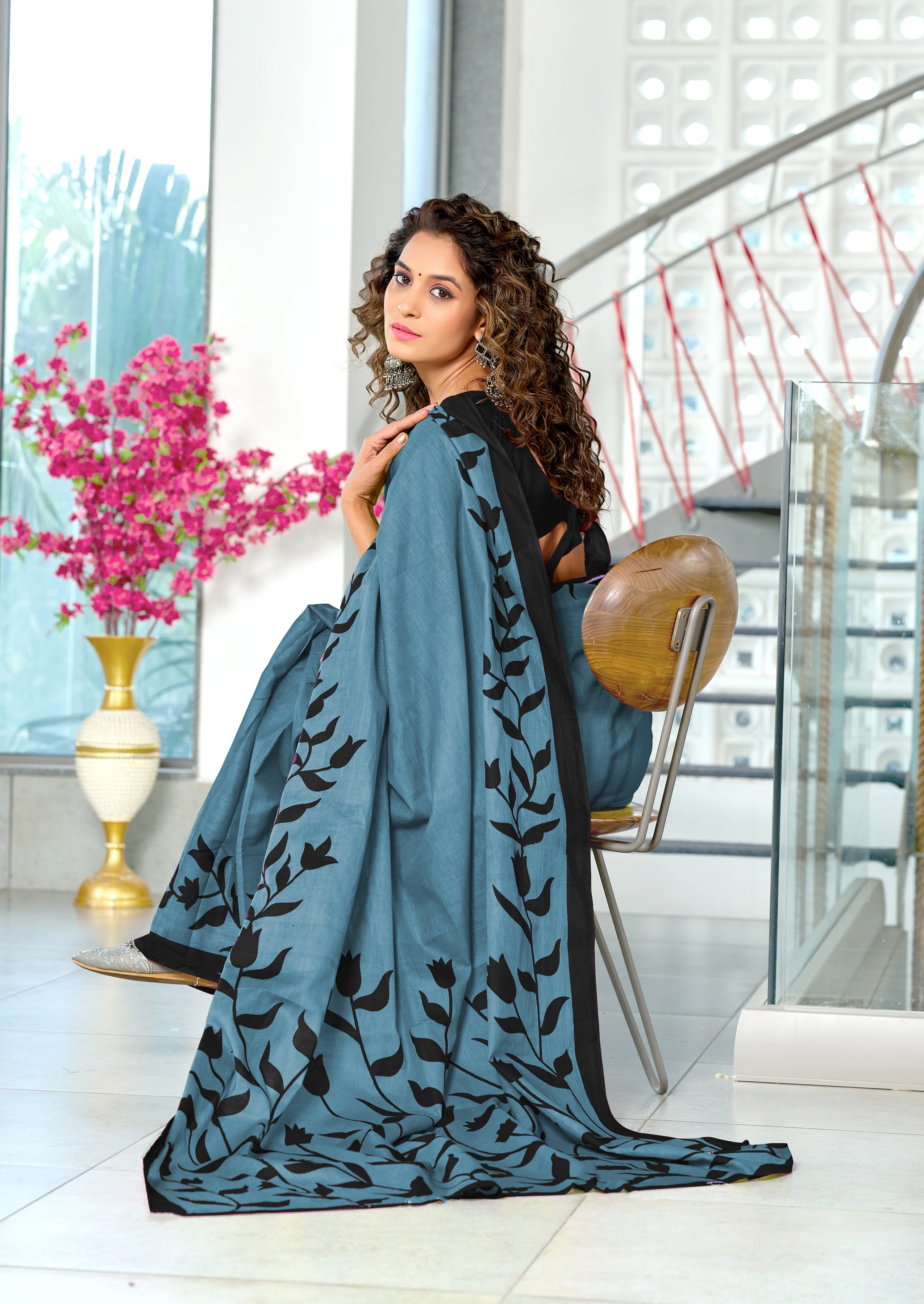 PADMAVATI PURE MULMUL COTTON FANCY HAND BLOCK PRINT GREY SAREE