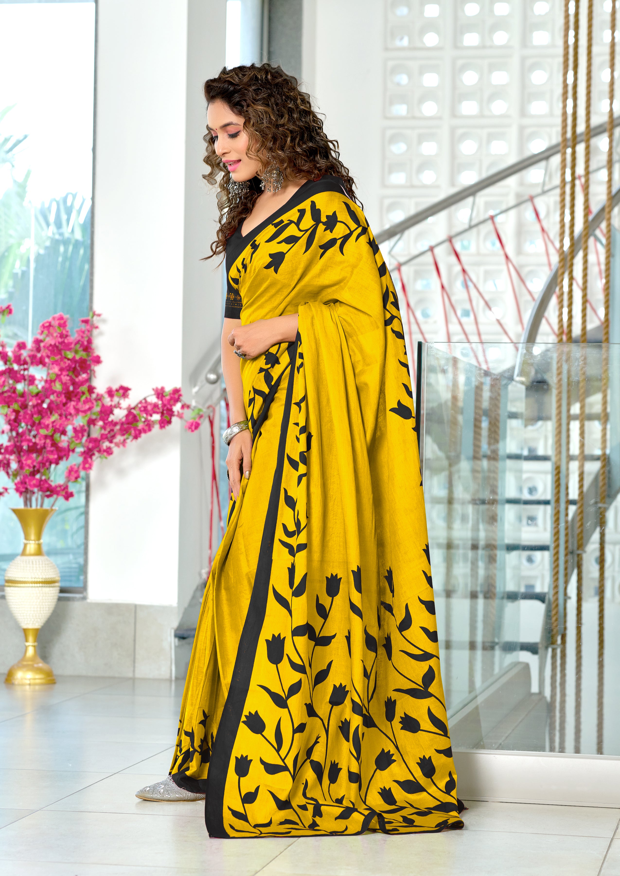 PADMAVATI PURE MULMUL COTTON FANCY HAND BLOCK PRINT YELLOW SAREE