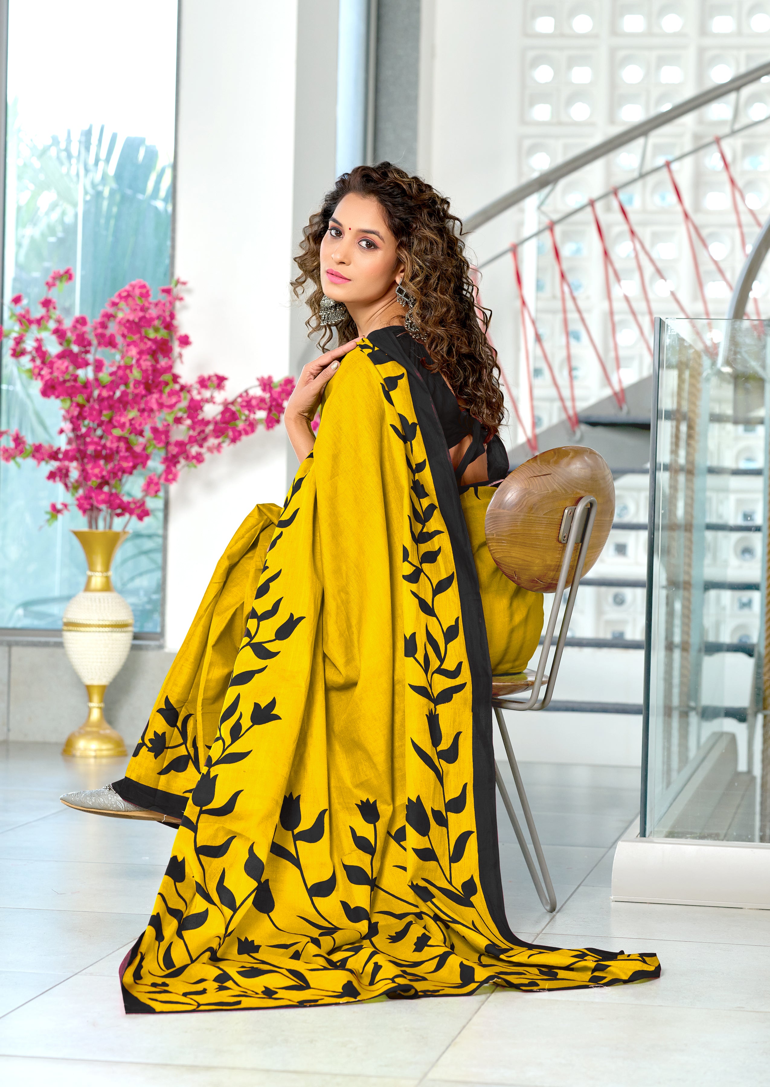 PADMAVATI PURE MULMUL COTTON FANCY HAND BLOCK PRINT YELLOW SAREE