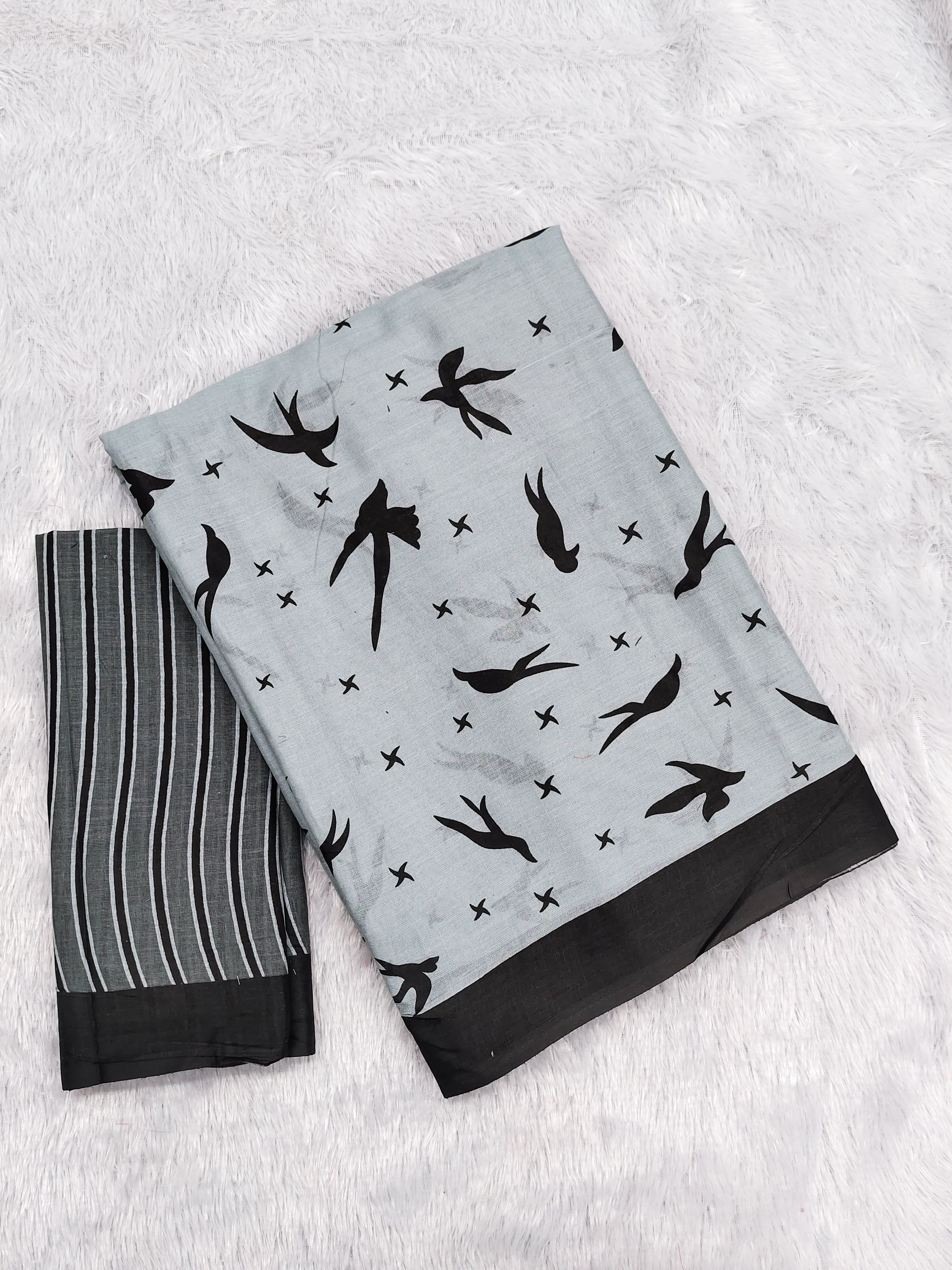 PANCHI INDIAN STYLE PURE COTTON BLOCK PRINT GREY SAREE