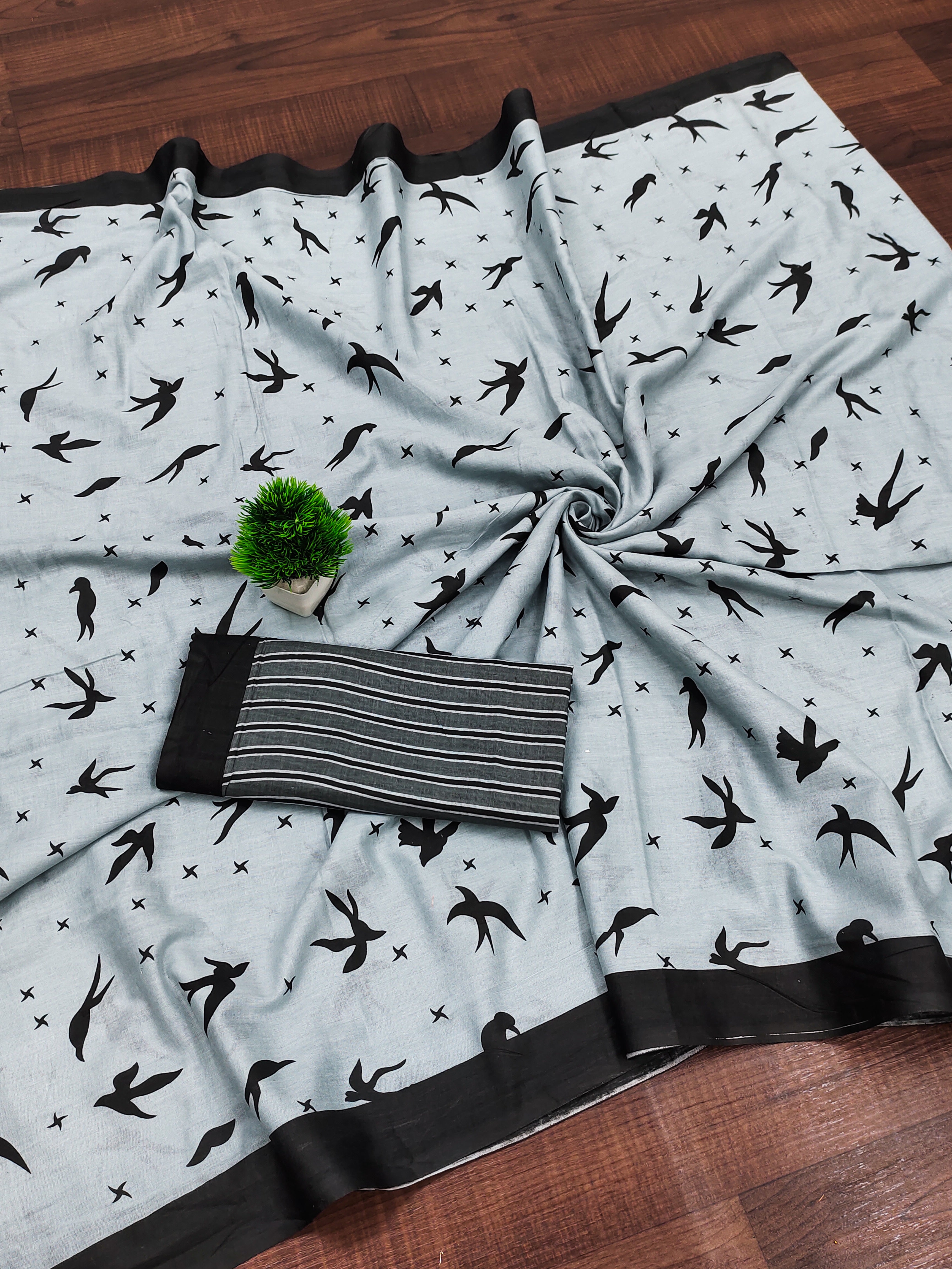 PANCHI INDIAN STYLE PURE COTTON BLOCK PRINT GREY SAREE