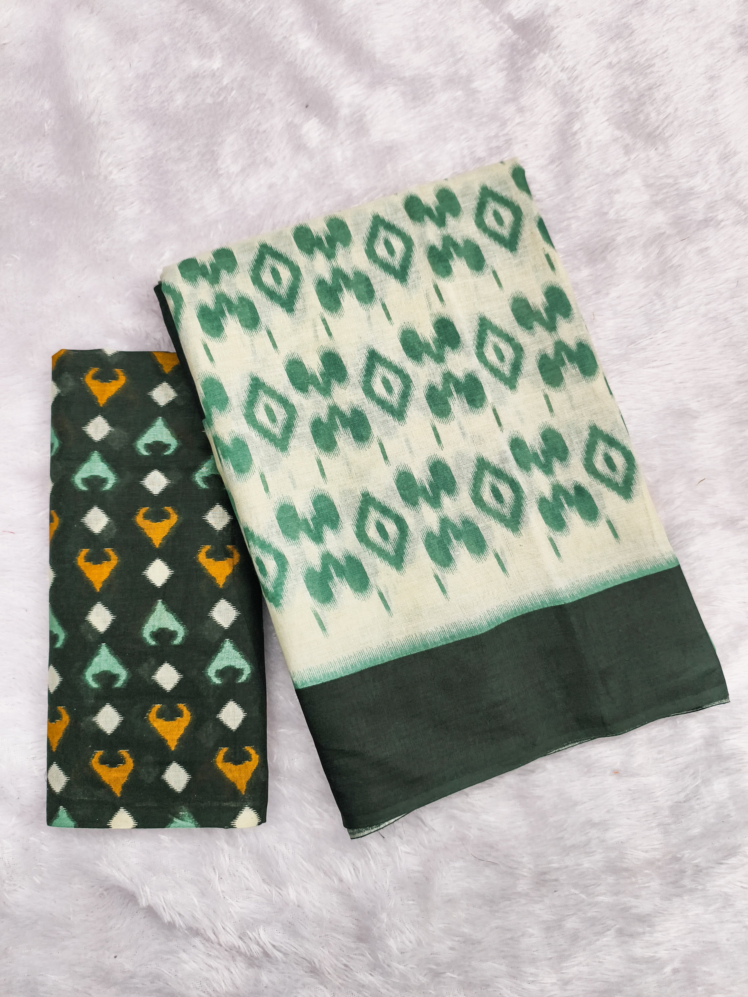 PARIBHASHA PURE MULMUL COTTON FANCY HAND BLOCK PRINT WHITE AND GREEN SAREE