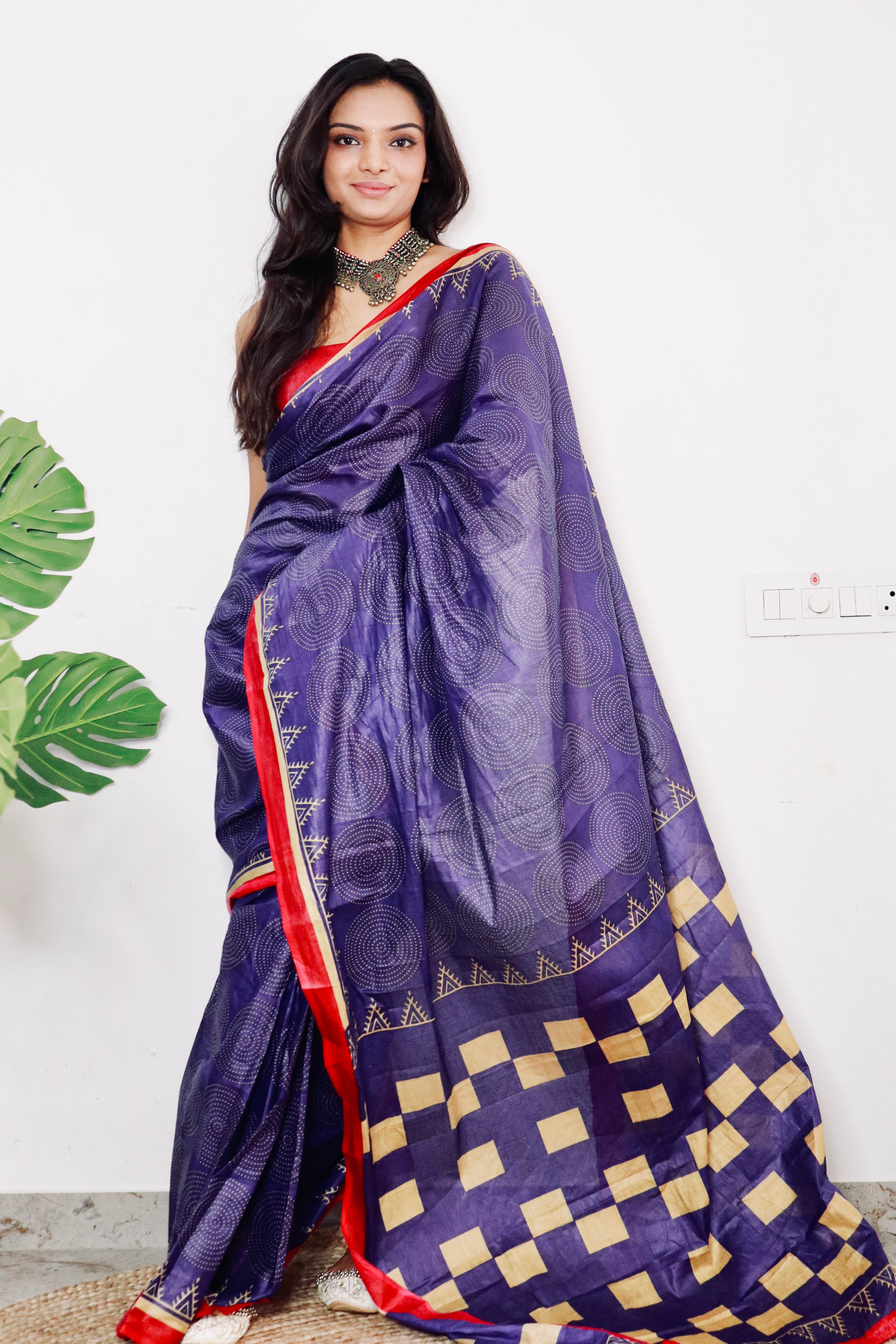 PARV SOFT PURE COTTON BAGRU BANDHANI HAND BLOCK PRINT NEVY BLUE SAREE