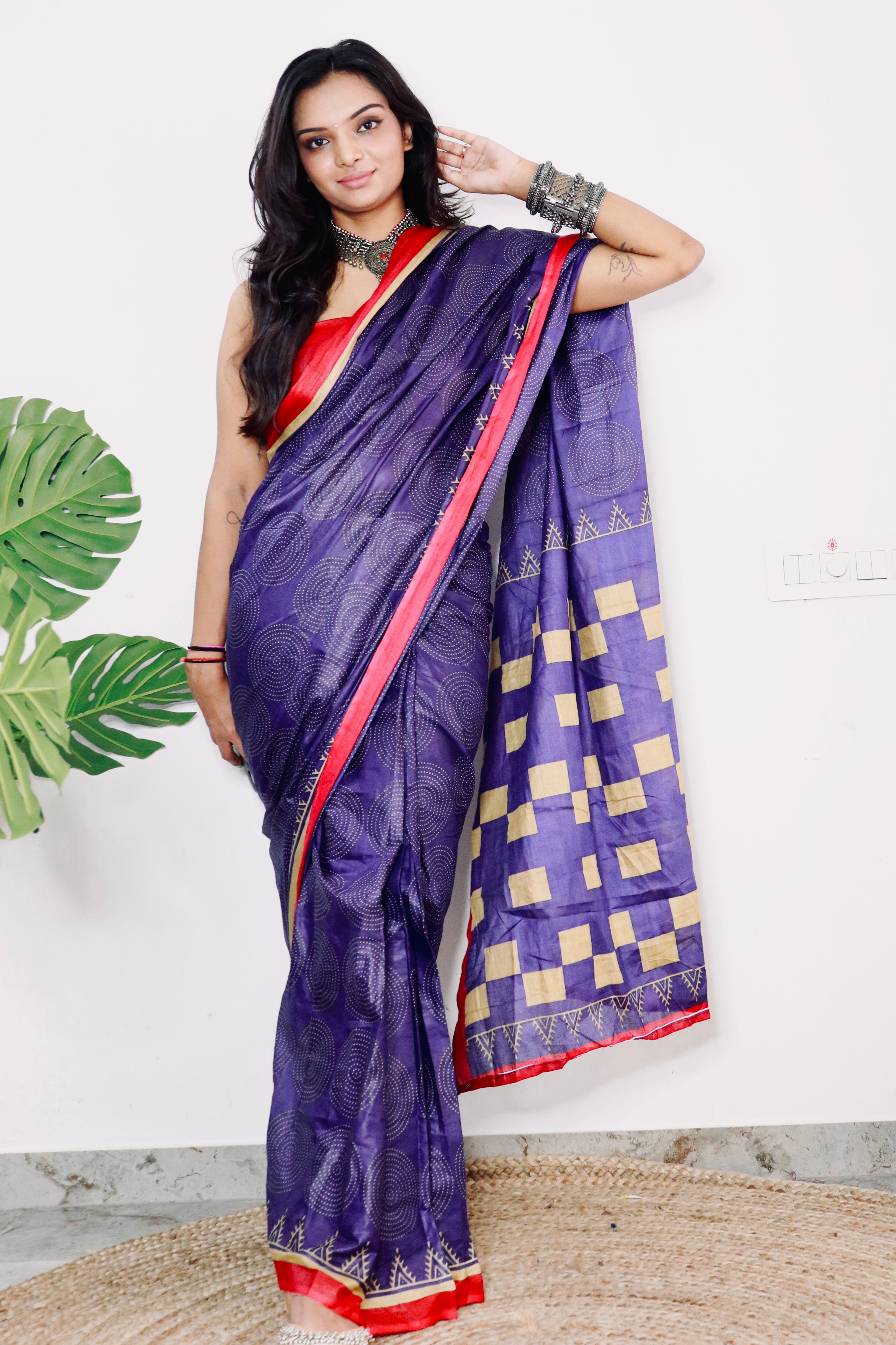 PARV SOFT PURE COTTON BAGRU BANDHANI HAND BLOCK PRINT NEVY BLUE SAREE