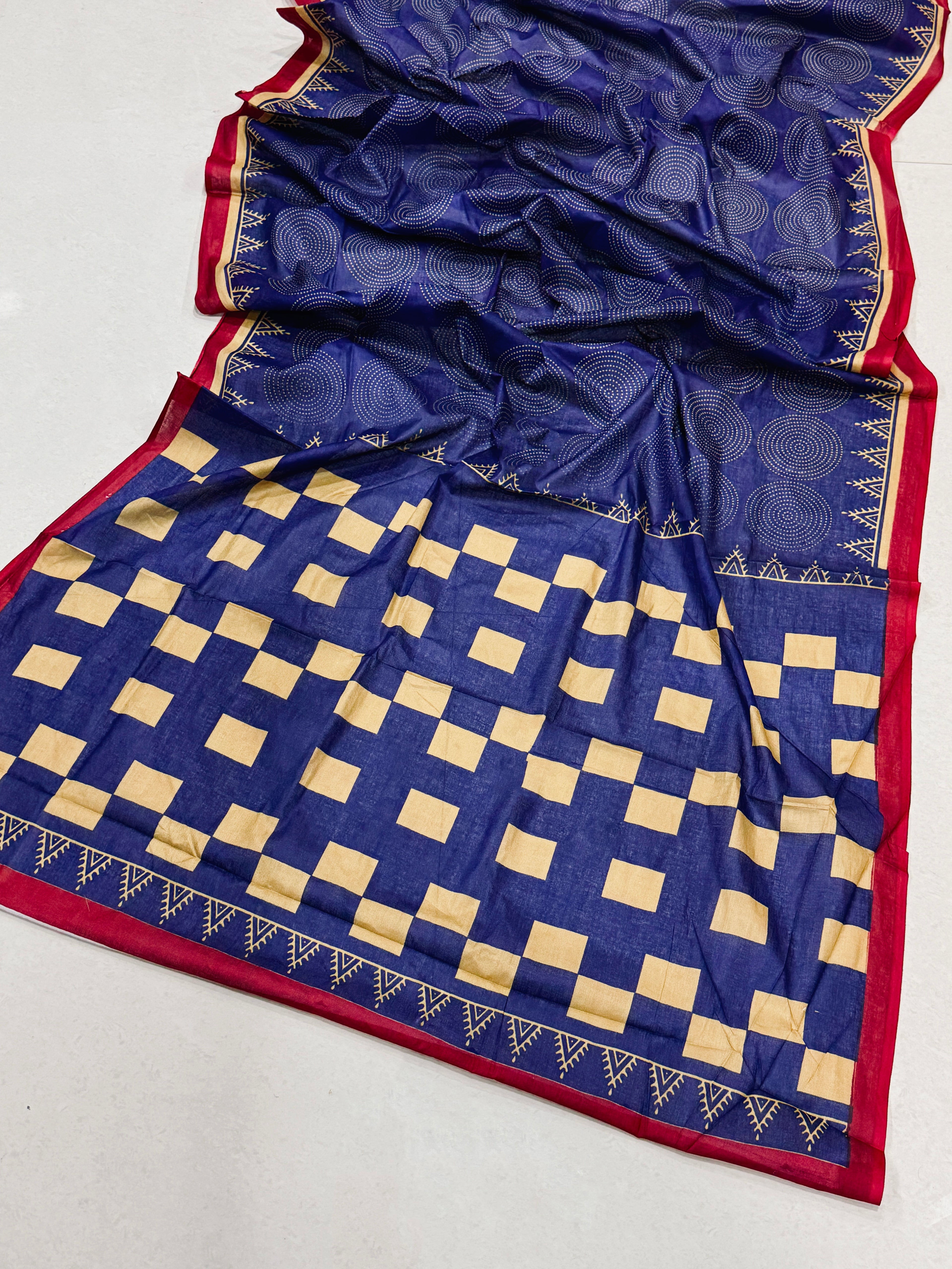 PARV SOFT PURE COTTON BAGRU BANDHANI HAND BLOCK PRINT NEVY BLUE SAREE