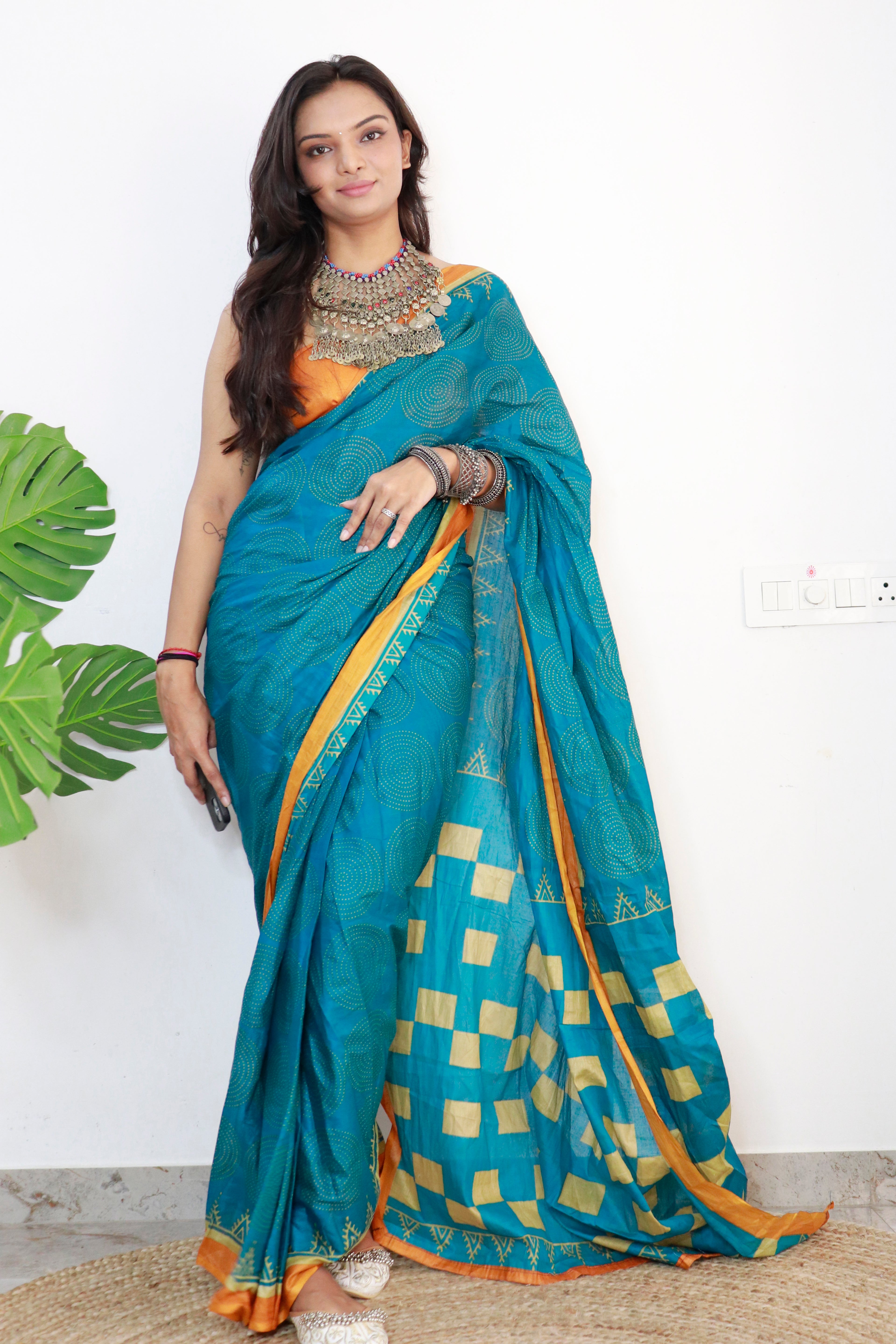 PARV SOFT PURE COTTON BAGRU BANDHANI HAND BLOCK PRINT BLUE SAREE