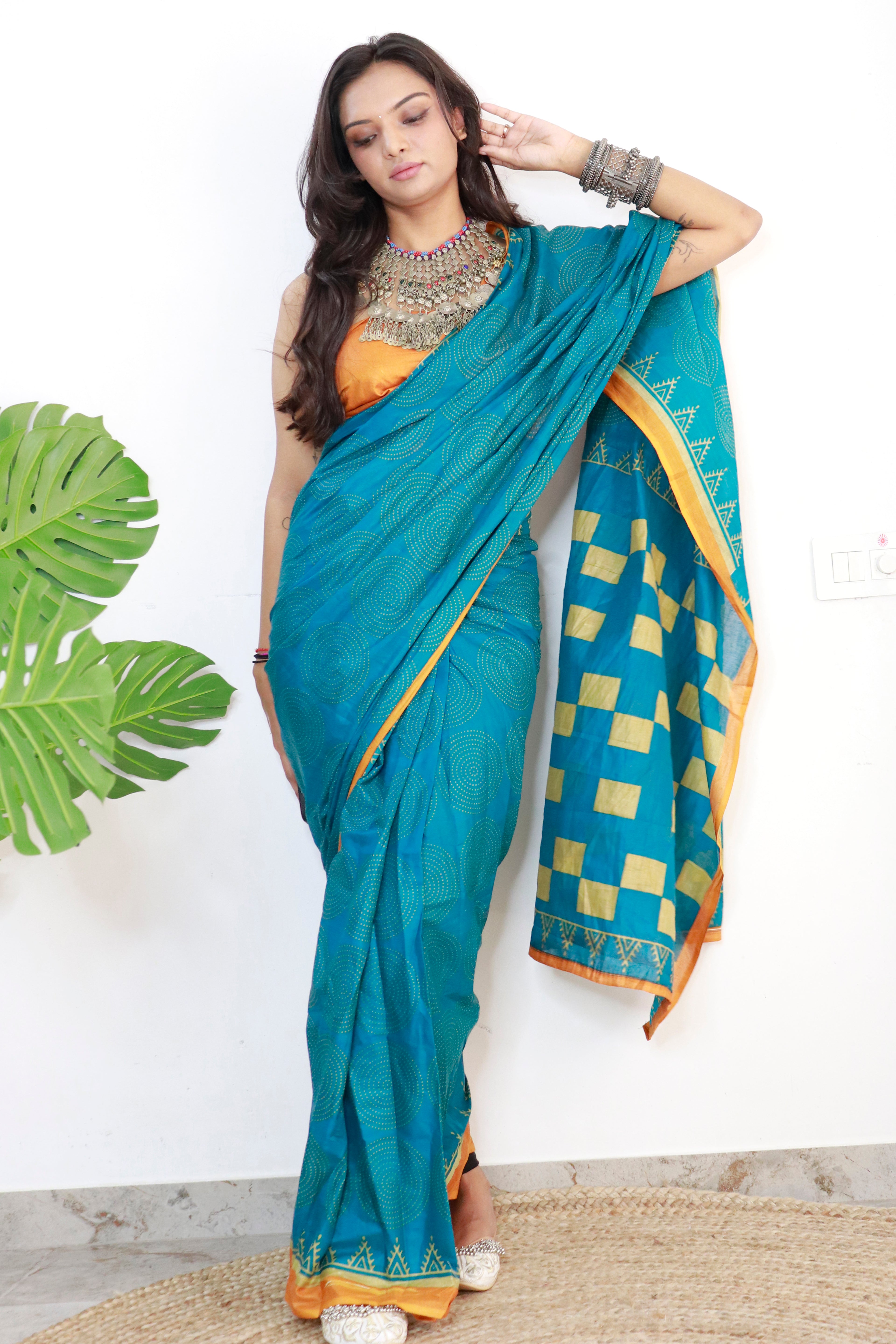 PARV SOFT PURE COTTON BAGRU BANDHANI HAND BLOCK PRINT BLUE SAREE