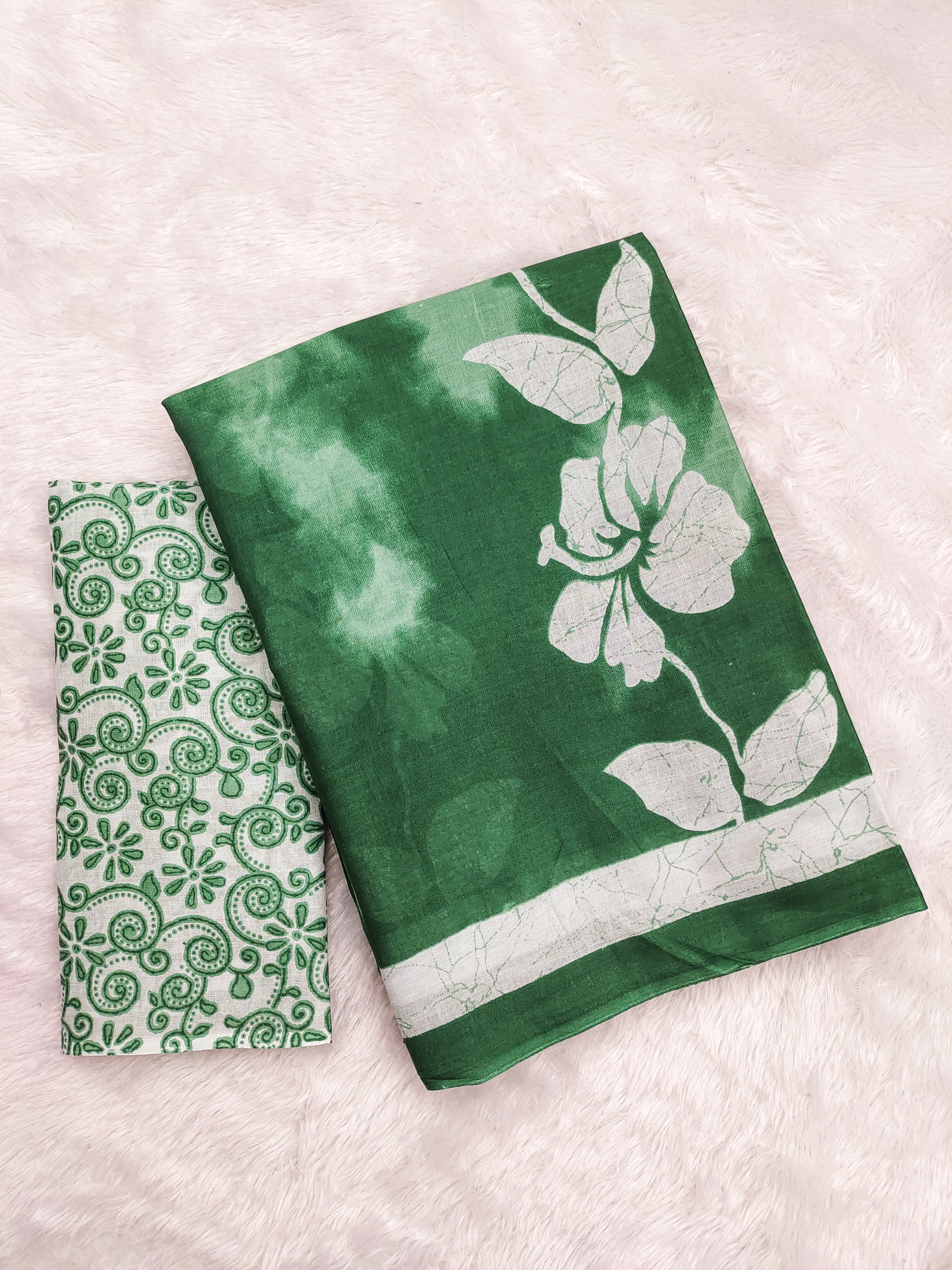 PETAL PARADISE FLORAL HAND PRINT MULMUL COTTON BOTTEL GREEN SAREE